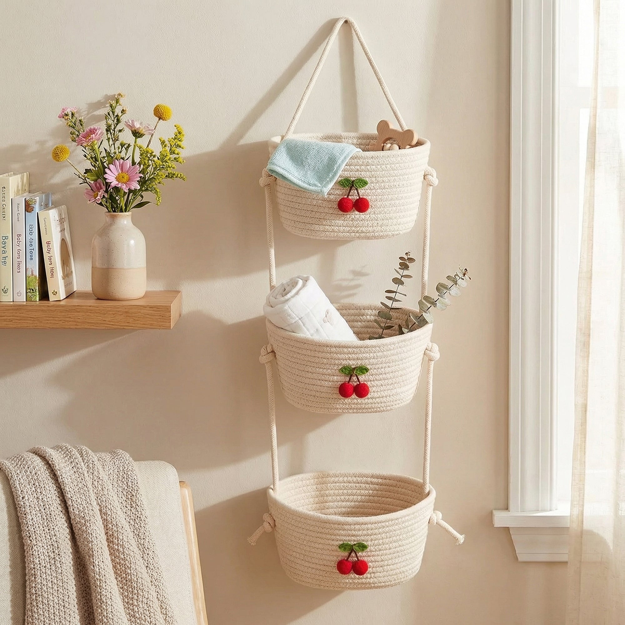 Anna-Kaci 3 Tier Hanging Wall Storage Basket Organizer Decorative Vertical Storage for Bedroom Kitchen