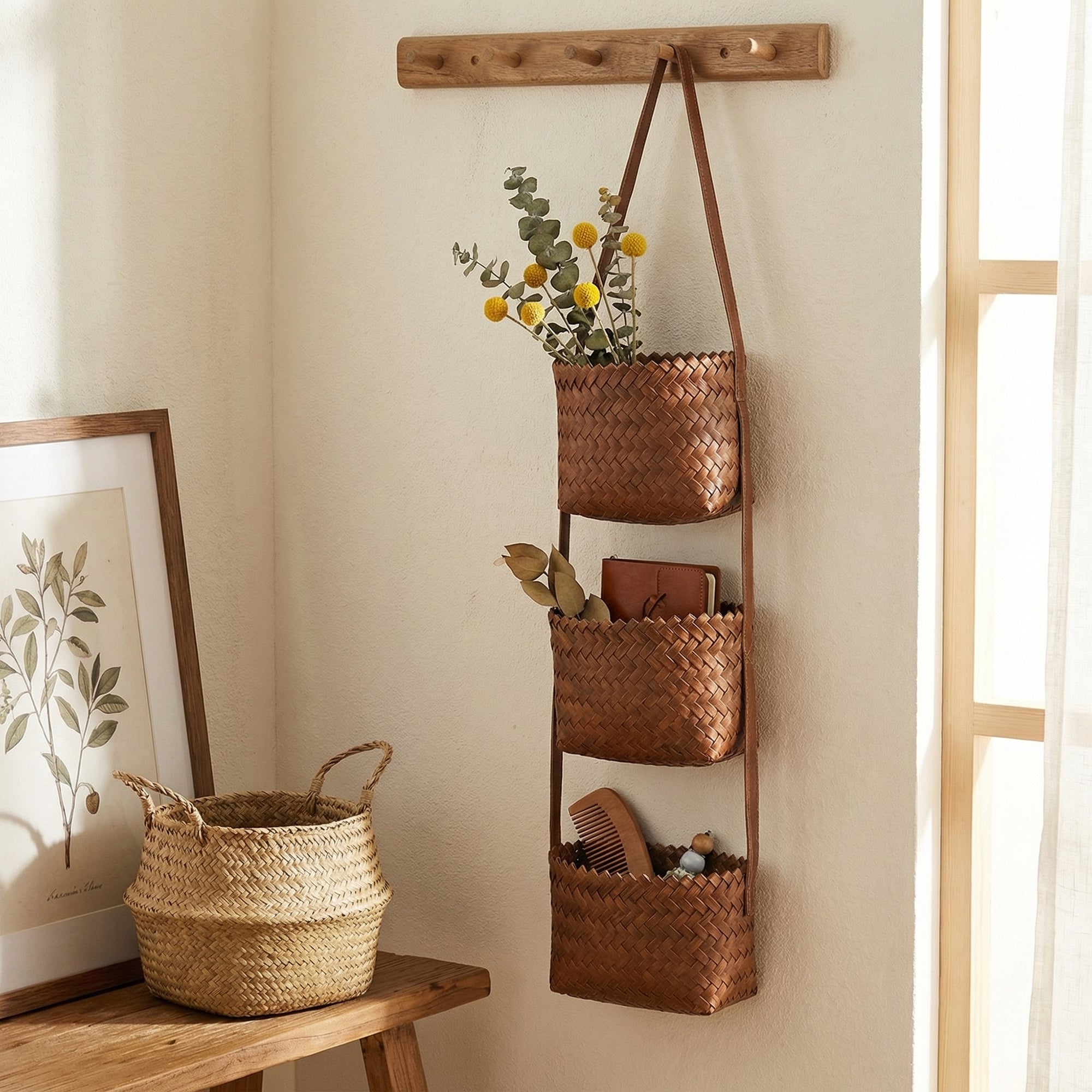Anna-Kaci 3 Tier Hanging Wall Storage Basket Organizer Woven Style Vertical Storage for Bathroom Entryway