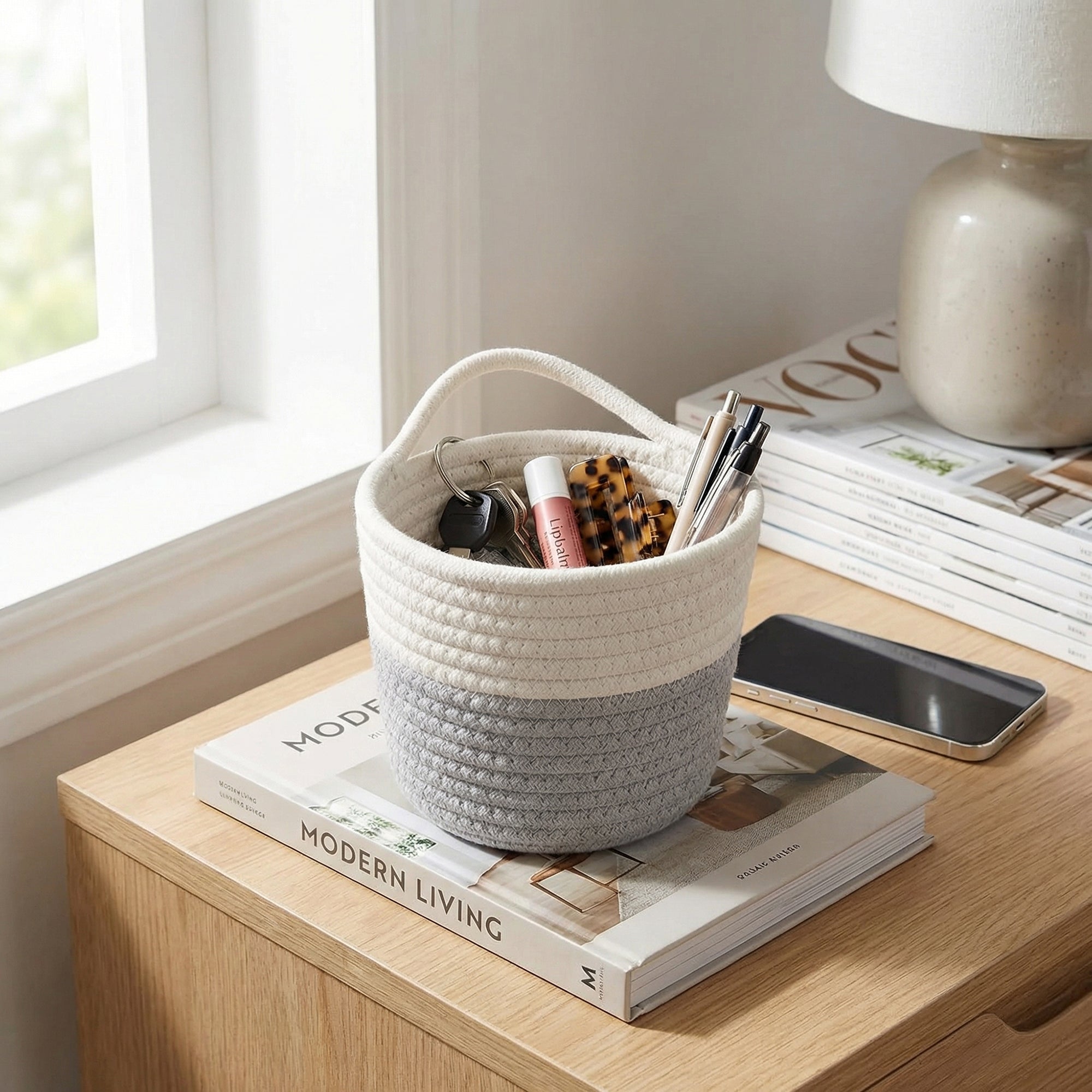 Anna-Kaci Small Hanging Storage Basket with Handle Woven Style Organizer for Bathroom Bedroom Entryway