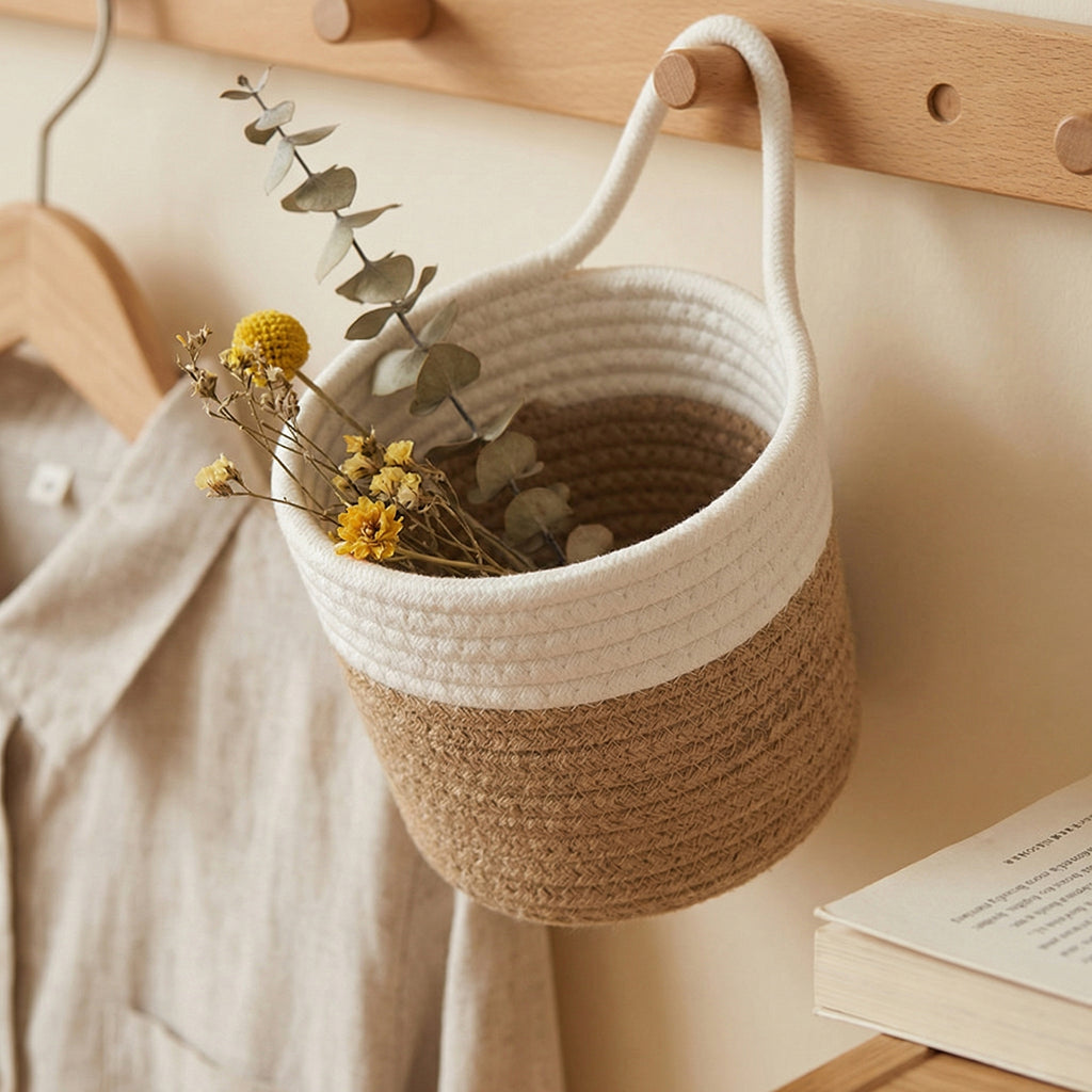 Anna-Kaci Small Hanging Storage Basket with Handle Woven Style Organizer for Bathroom Bedroom Entryway