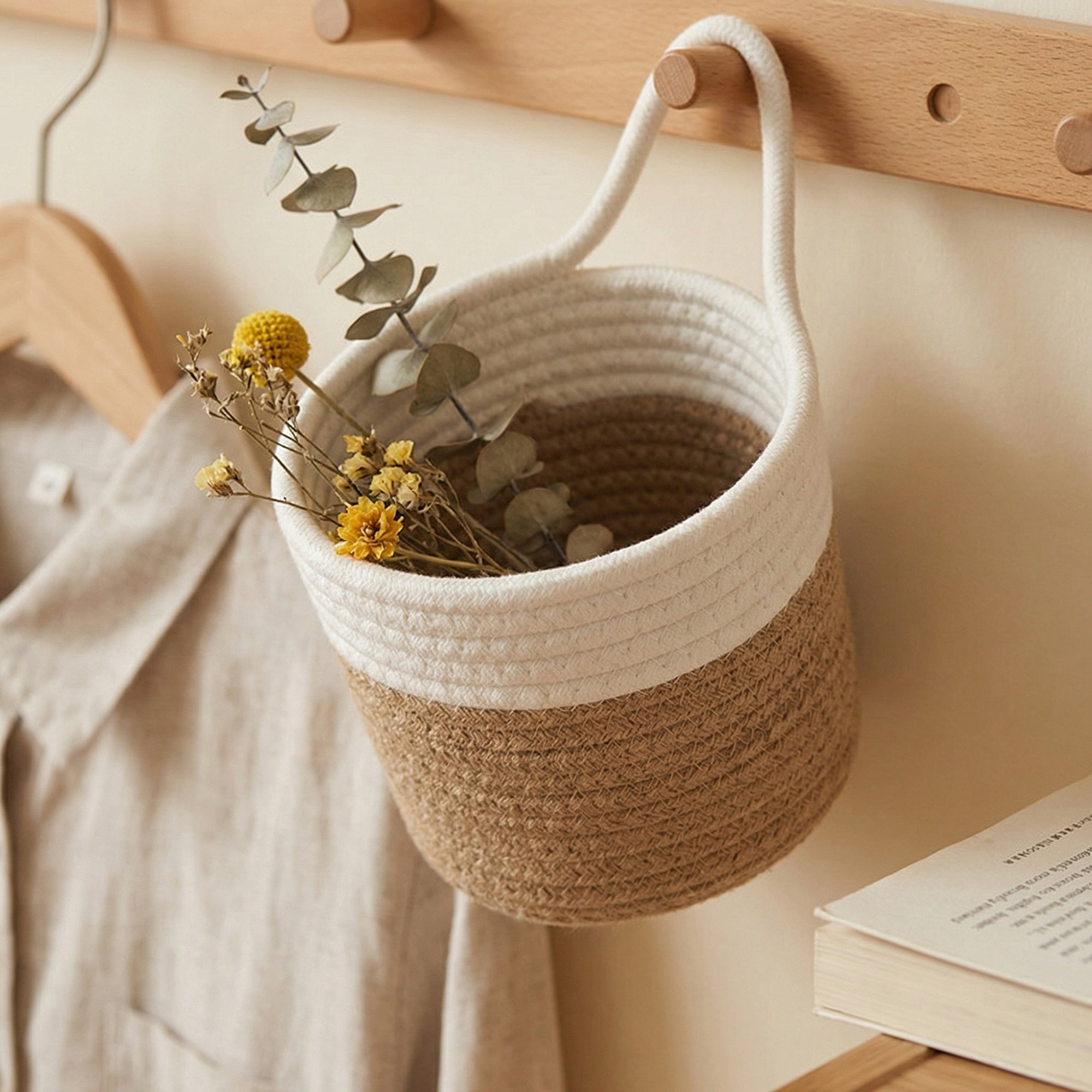Anna-Kaci Small Hanging Storage Basket with Handle Woven Style Organizer for Bathroom Bedroom Entryway