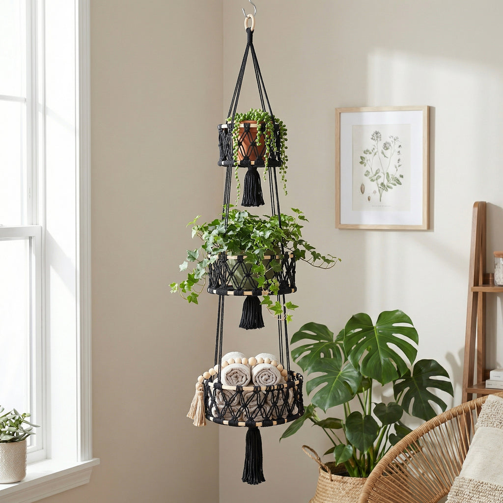Anna-Kaci Three Tier Hanging Storage Organizer Macrame Style Basket for Plants Bathroom Kitchen Bedroom