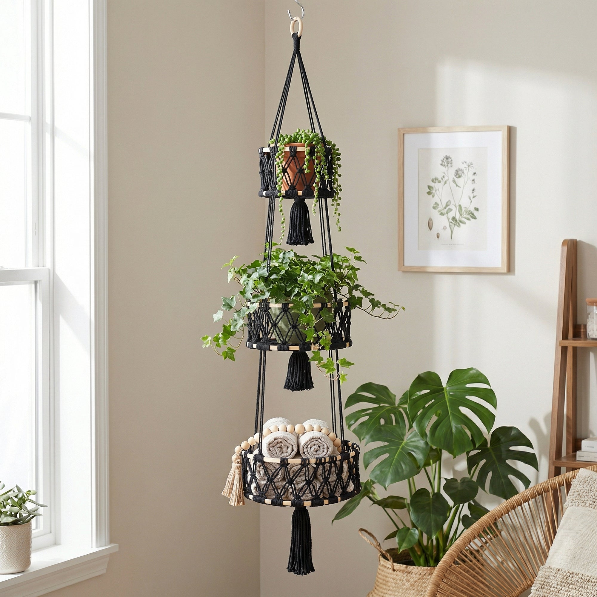 Anna-Kaci Three Tier Hanging Storage Organizer Macrame Style Basket for Plants Bathroom Kitchen Bedroom
