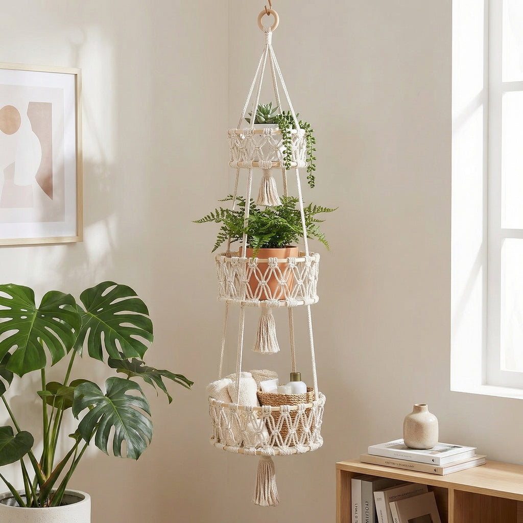 Anna-Kaci Three Tier Hanging Storage Organizer Macrame Style Basket for Plants Bathroom Kitchen Bedroom