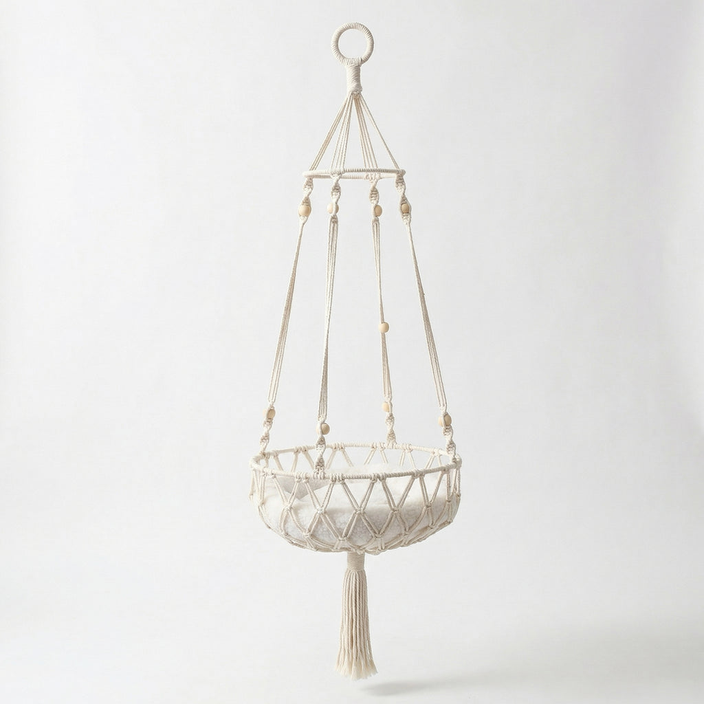 Anna-Kaci Hanging Macrame Style Storage Basket Round Organizer with Tassel for Bedroom Living Room Bathroom