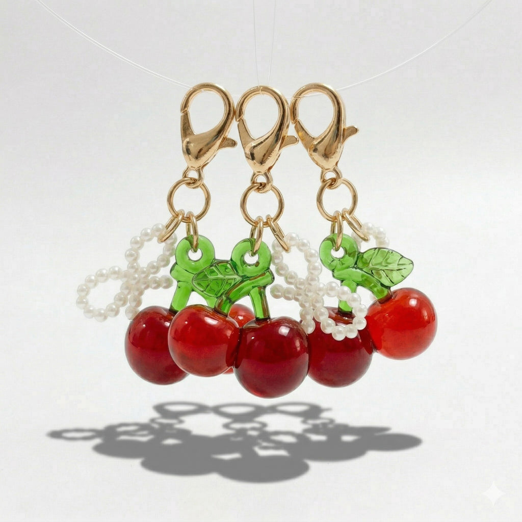 Anna-Kaci Women's 3 Pcs Cherry Charm Clip Set with Faux Pearl Accent Decorative Bag Charm Keychain Accessory
