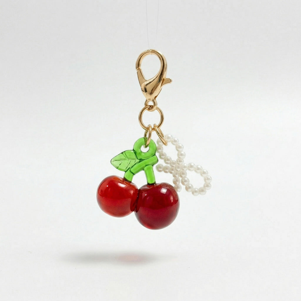 Anna-Kaci Women's 3 Pcs Cherry Charm Clip Set with Faux Pearl Accent Decorative Bag Charm Keychain Accessory