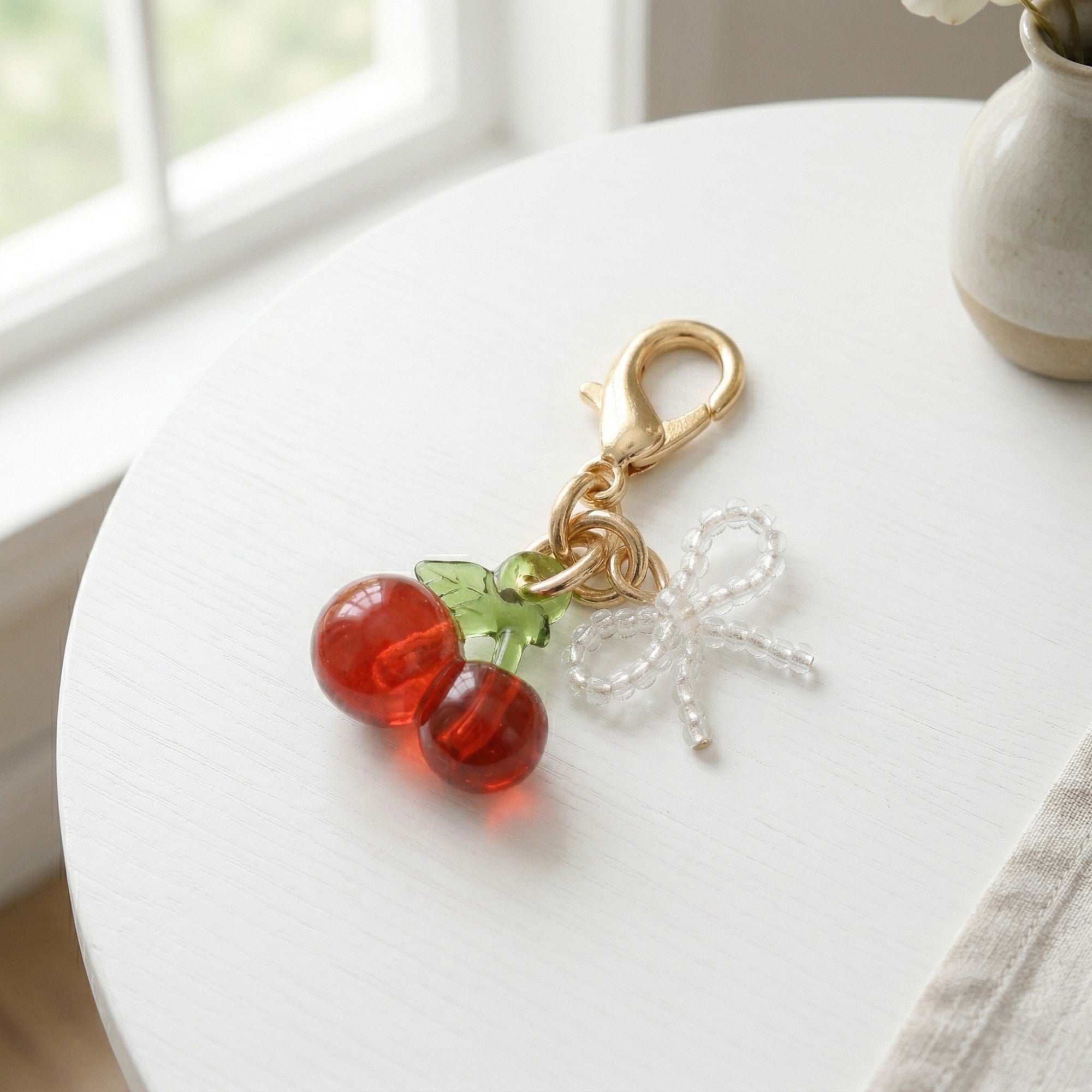 Anna-Kaci Women's 3 Pcs Cherry Charm Clip Set with Faux Pearl Accent Decorative Bag Charm Keychain Accessory