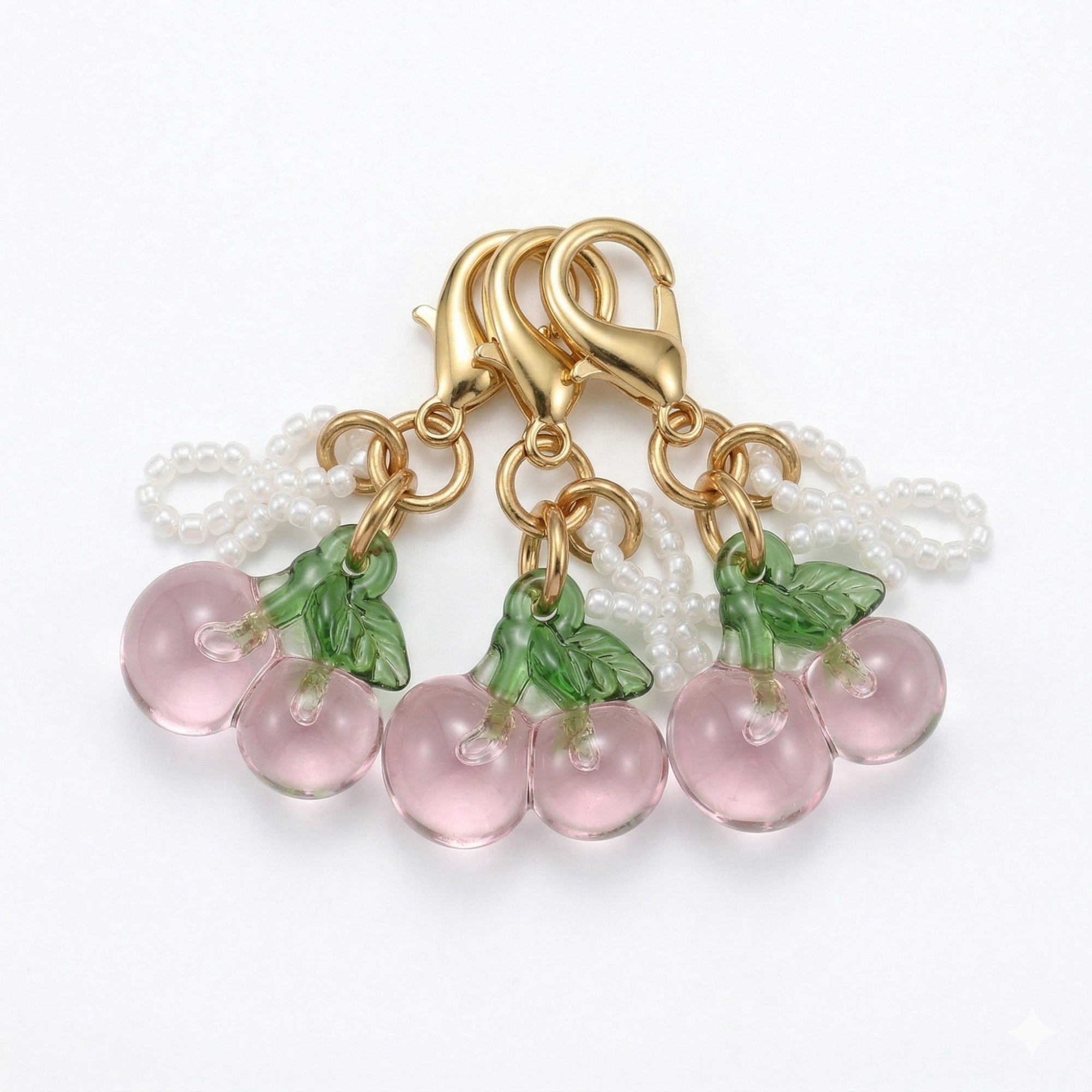 Anna-Kaci Women's 3 Pcs Cherry Charm Clip Set with Faux Pearl Accent Decorative Bag Charm Keychain Accessory