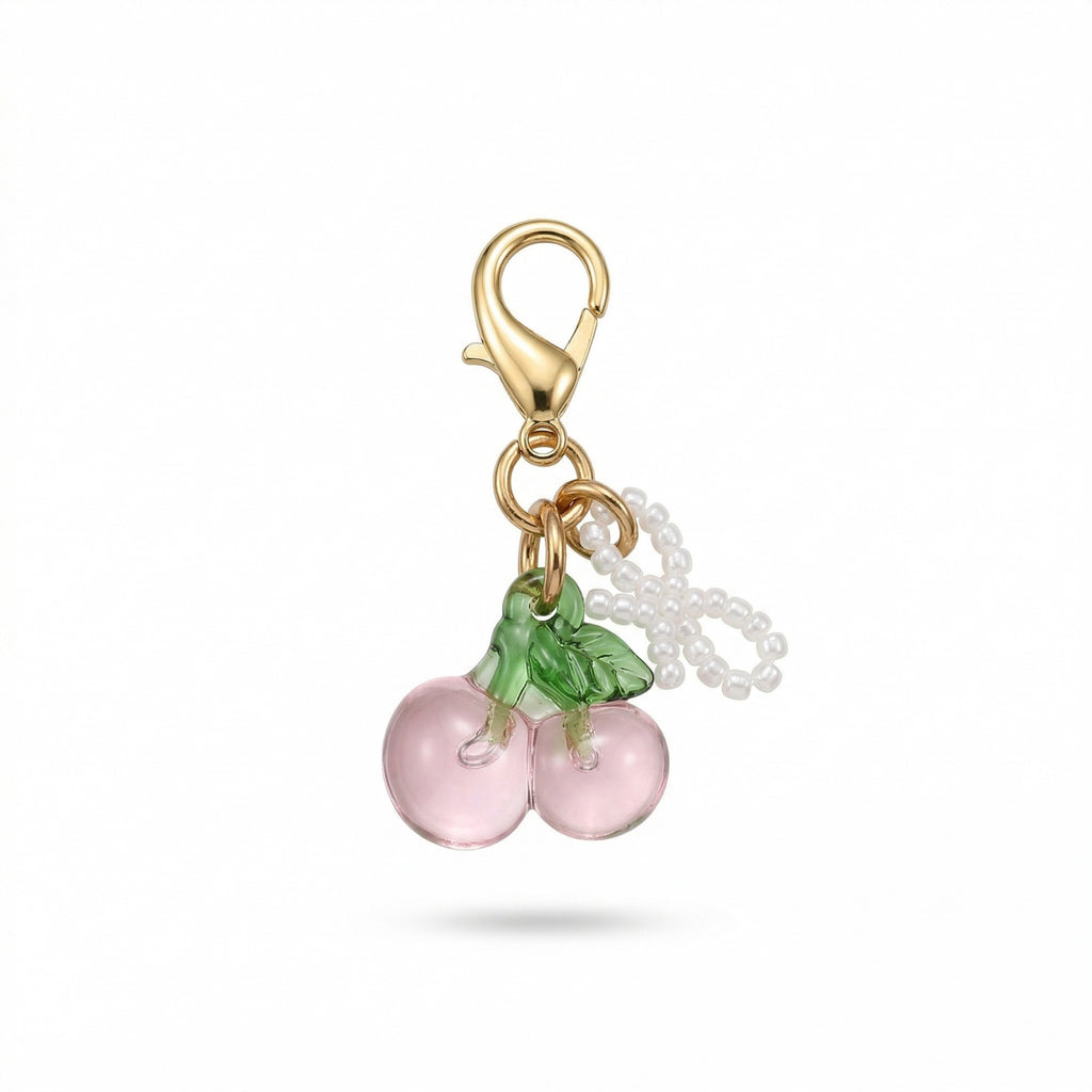 Anna-Kaci Women's 3 Pcs Cherry Charm Clip Set with Faux Pearl Accent Decorative Bag Charm Keychain Accessory