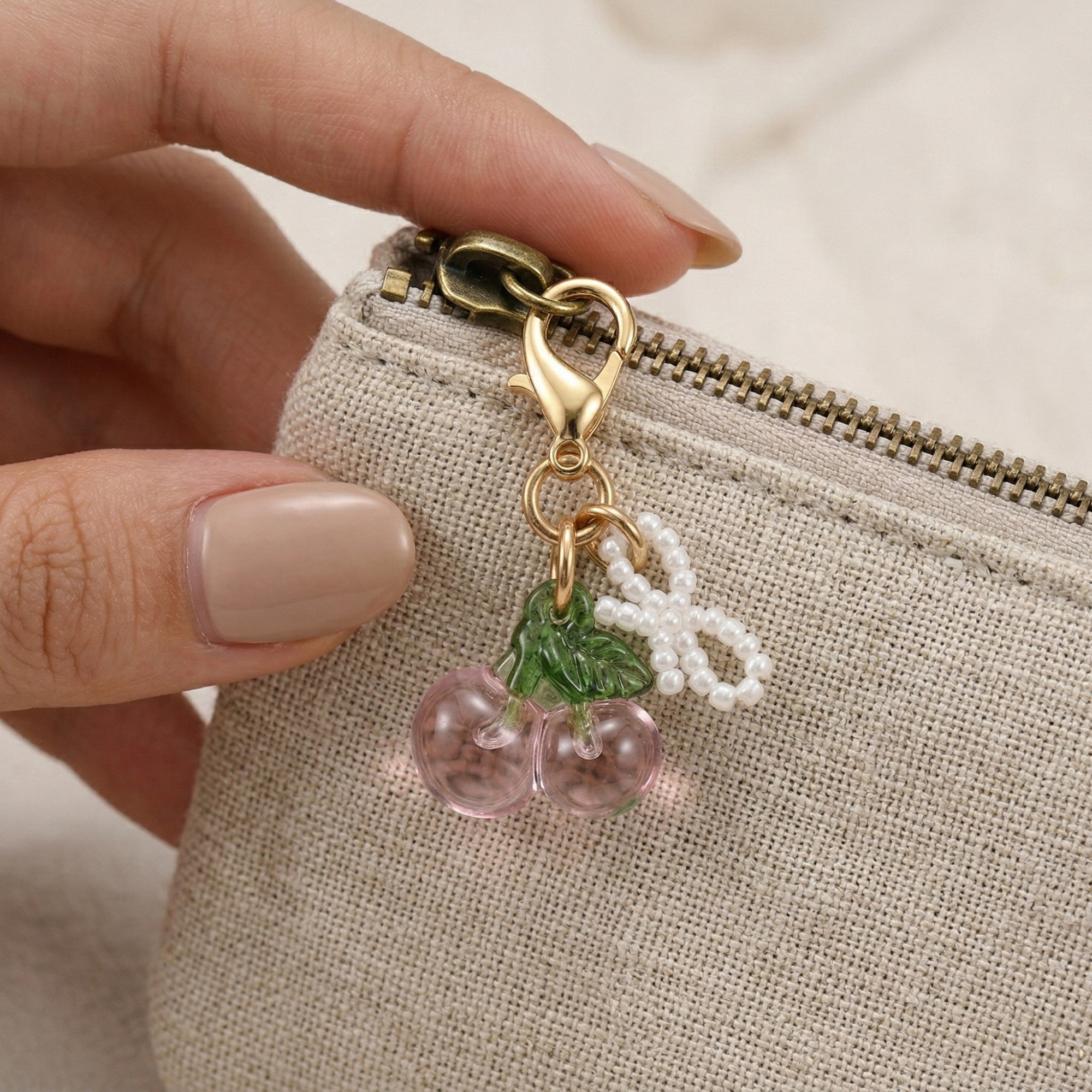 Anna-Kaci Women's 3 Pcs Cherry Charm Clip Set with Faux Pearl Accent Decorative Bag Charm Keychain Accessory