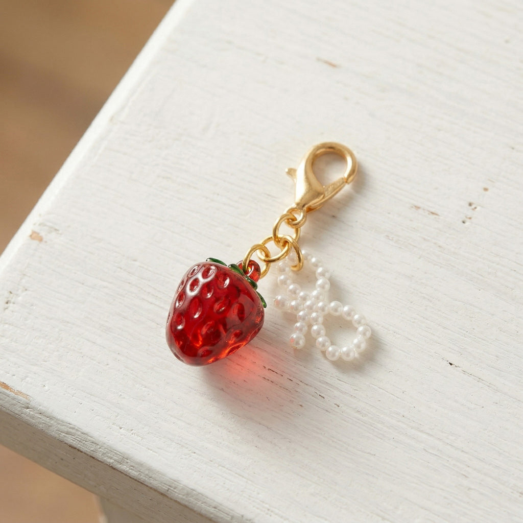 Anna-Kaci Women's 3 Pcs Cherry Charm Clip Set with Faux Pearl Accent Decorative Bag Charm Keychain Accessory