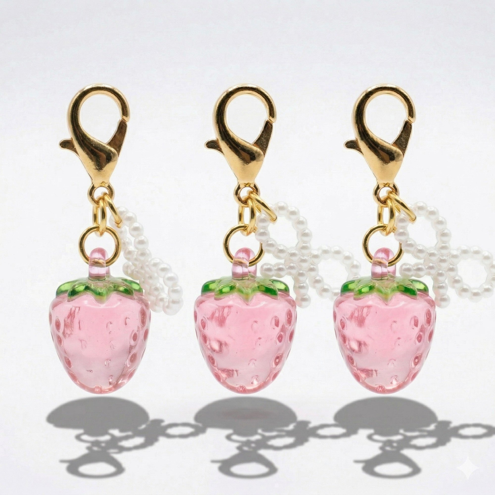 Anna-Kaci Women's 3 Pcs Cherry Charm Clip Set with Faux Pearl Accent Decorative Bag Charm Keychain Accessory