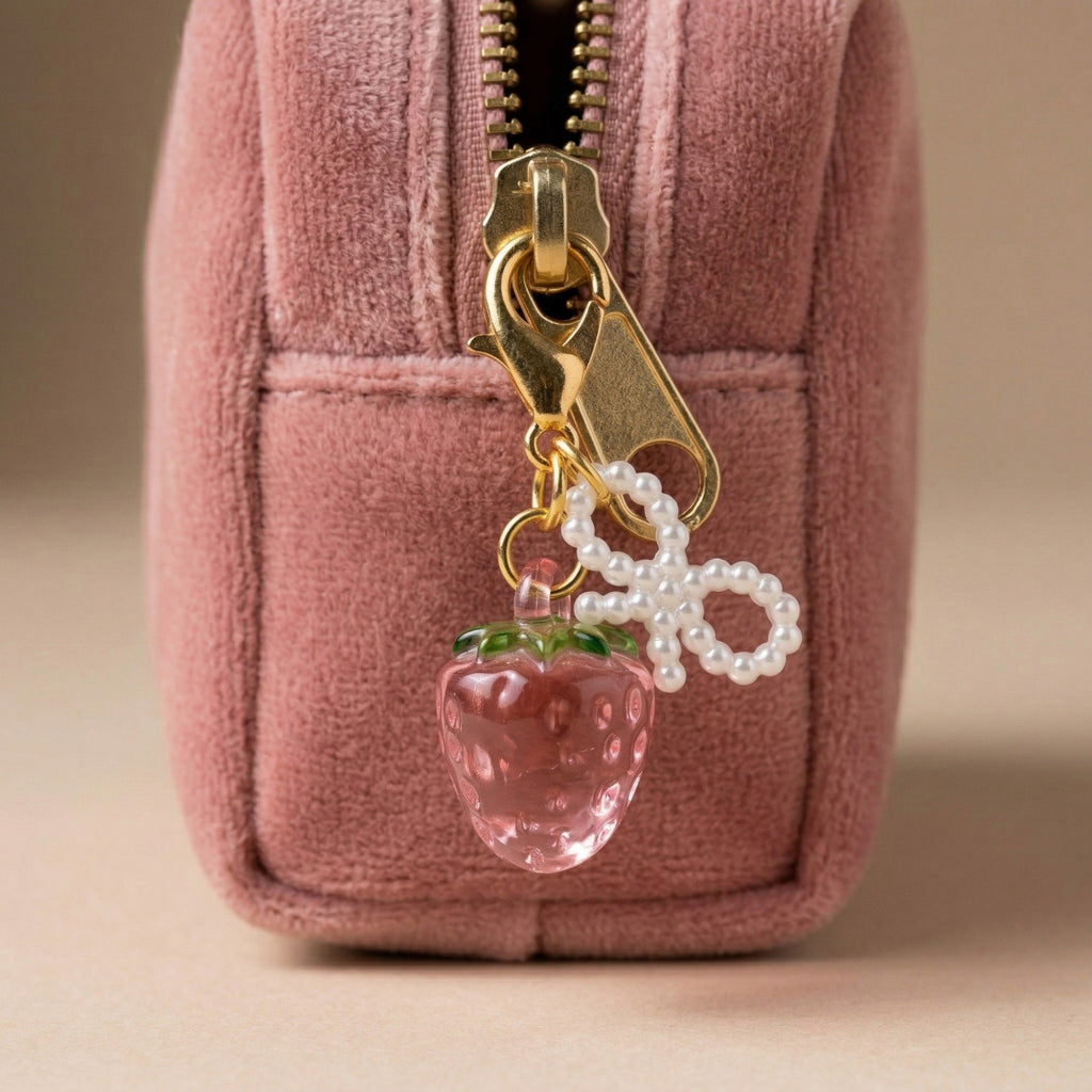 Anna-Kaci Women's 3 Pcs Cherry Charm Clip Set with Faux Pearl Accent Decorative Bag Charm Keychain Accessory