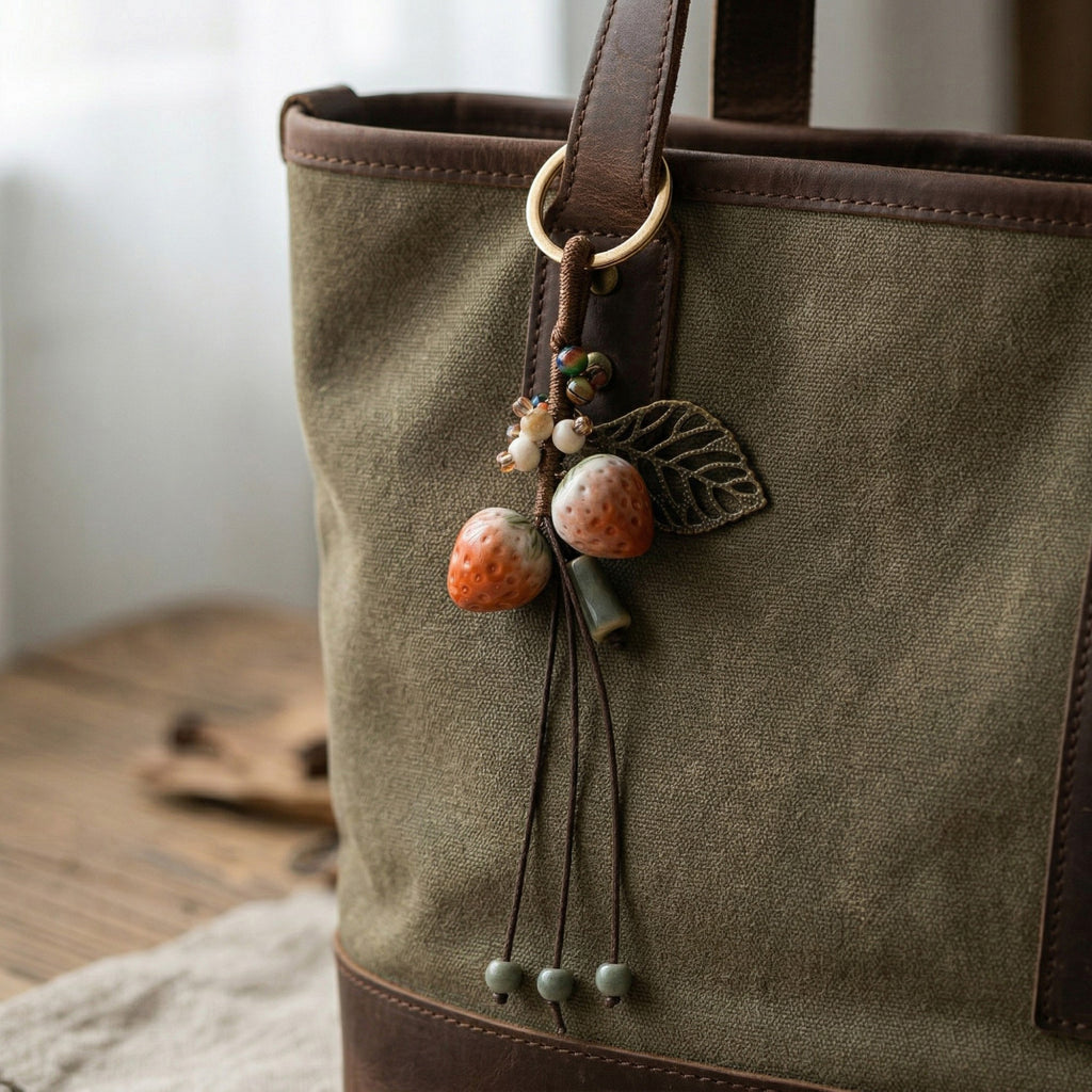 Anna-Kaci Women's Strawberry Charm Keychain with Beaded Tassel Accent Decorative Bag Charm Accessory