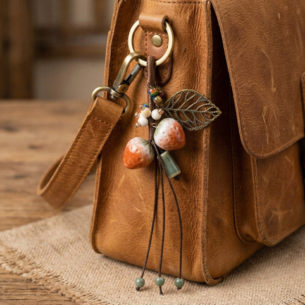 Anna-Kaci Women's Strawberry Charm Keychain with Beaded Tassel Accent Decorative Bag Charm Accessory