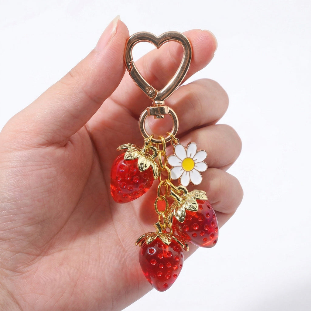 Anna-Kaci Women's Strawberry Charm Keychain with Daisy Pendant and Heart Clip Decorative Bag Charm Accessory
