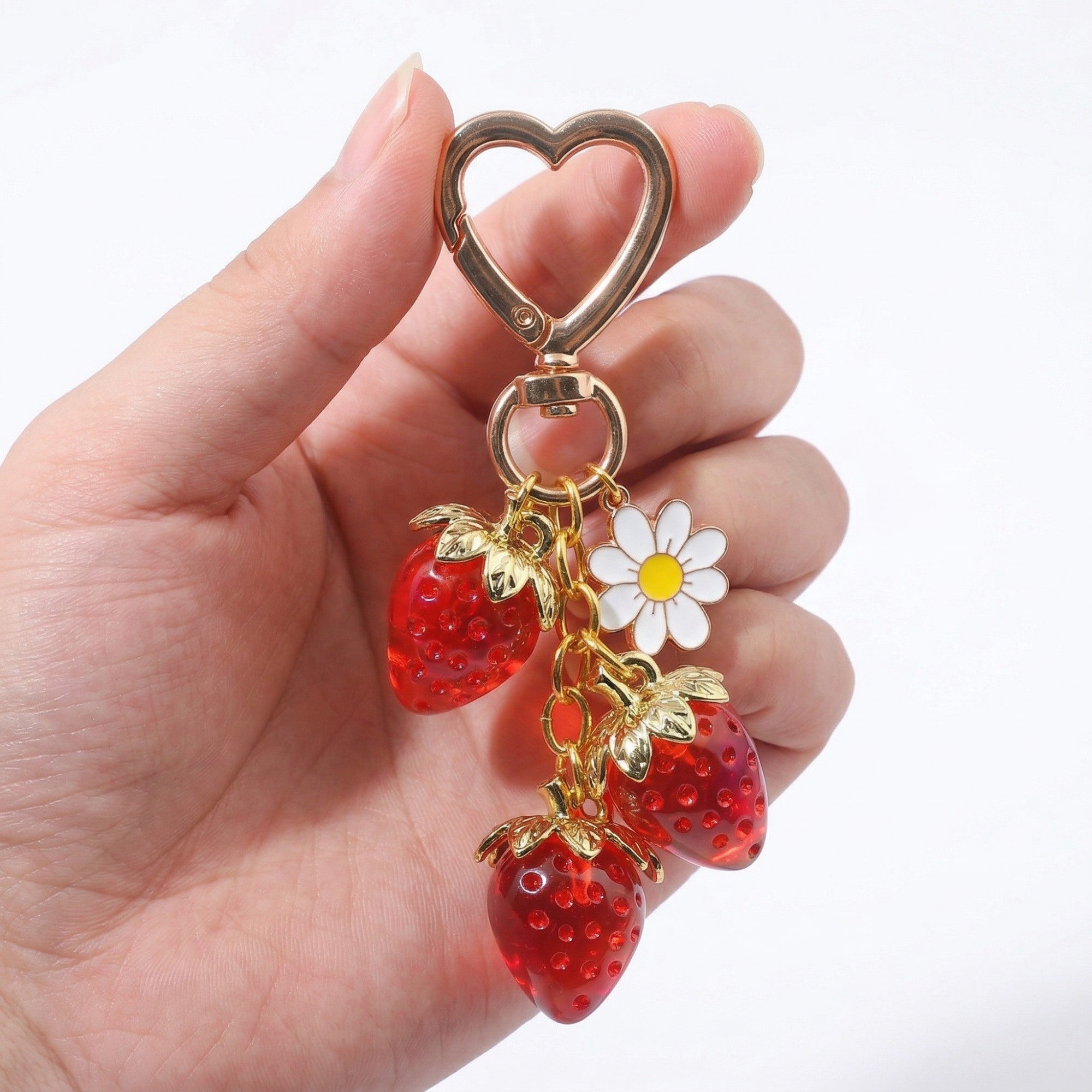Anna-Kaci Women's Strawberry Charm Keychain with Daisy Pendant and Heart Clip Decorative Bag Charm Accessory