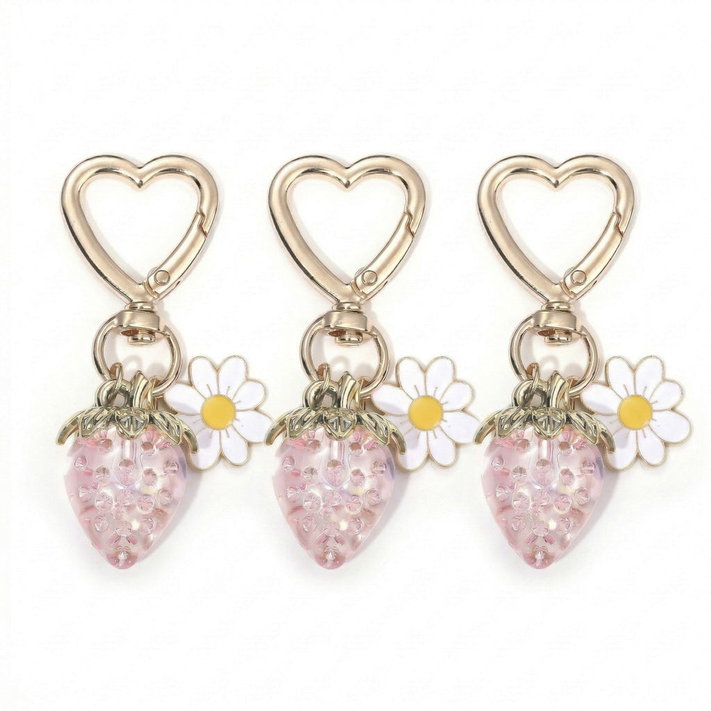 Anna-Kaci Women's 3 Pcs Strawberry Charm Keychain Set with Daisy Pendant and Heart Clip Decorative Bag Charm