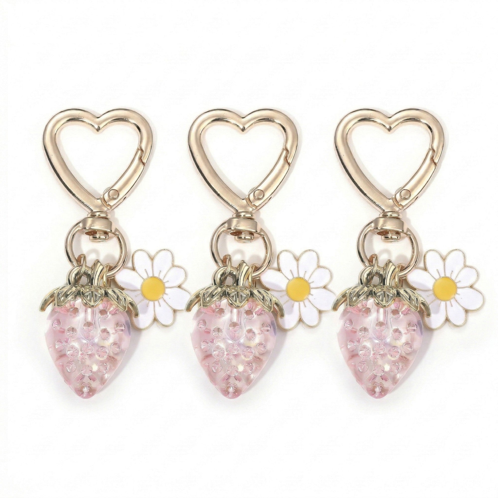 Anna-Kaci Women's 3 Pcs Strawberry Charm Keychain Set with Daisy Pendant and Heart Clip Decorative Bag Charm