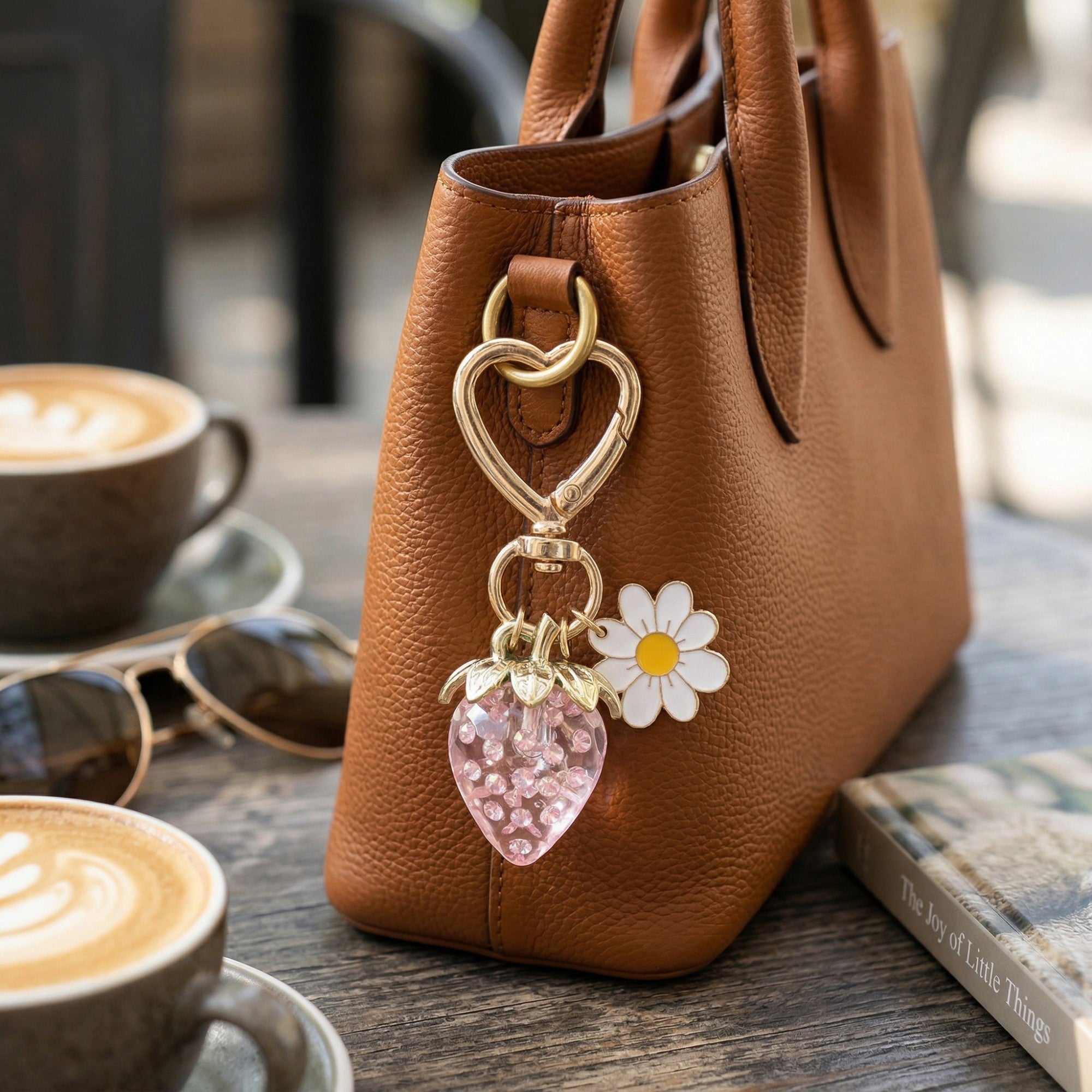 Anna-Kaci Women's 3 Pcs Strawberry Charm Keychain Set with Daisy Pendant and Heart Clip Decorative Bag Charm