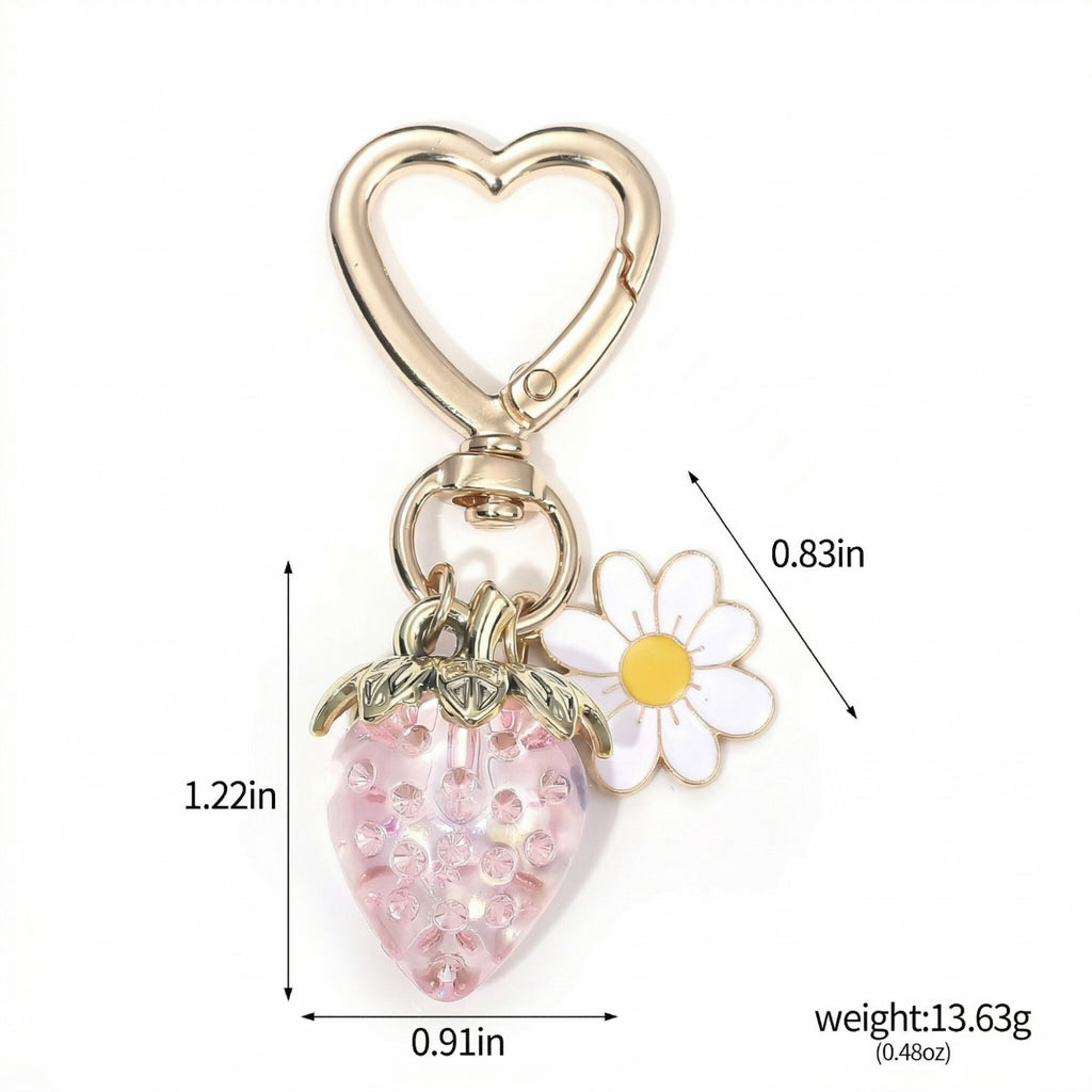 Anna-Kaci Women's 3 Pcs Strawberry Charm Keychain Set with Daisy Pendant and Heart Clip Decorative Bag Charm