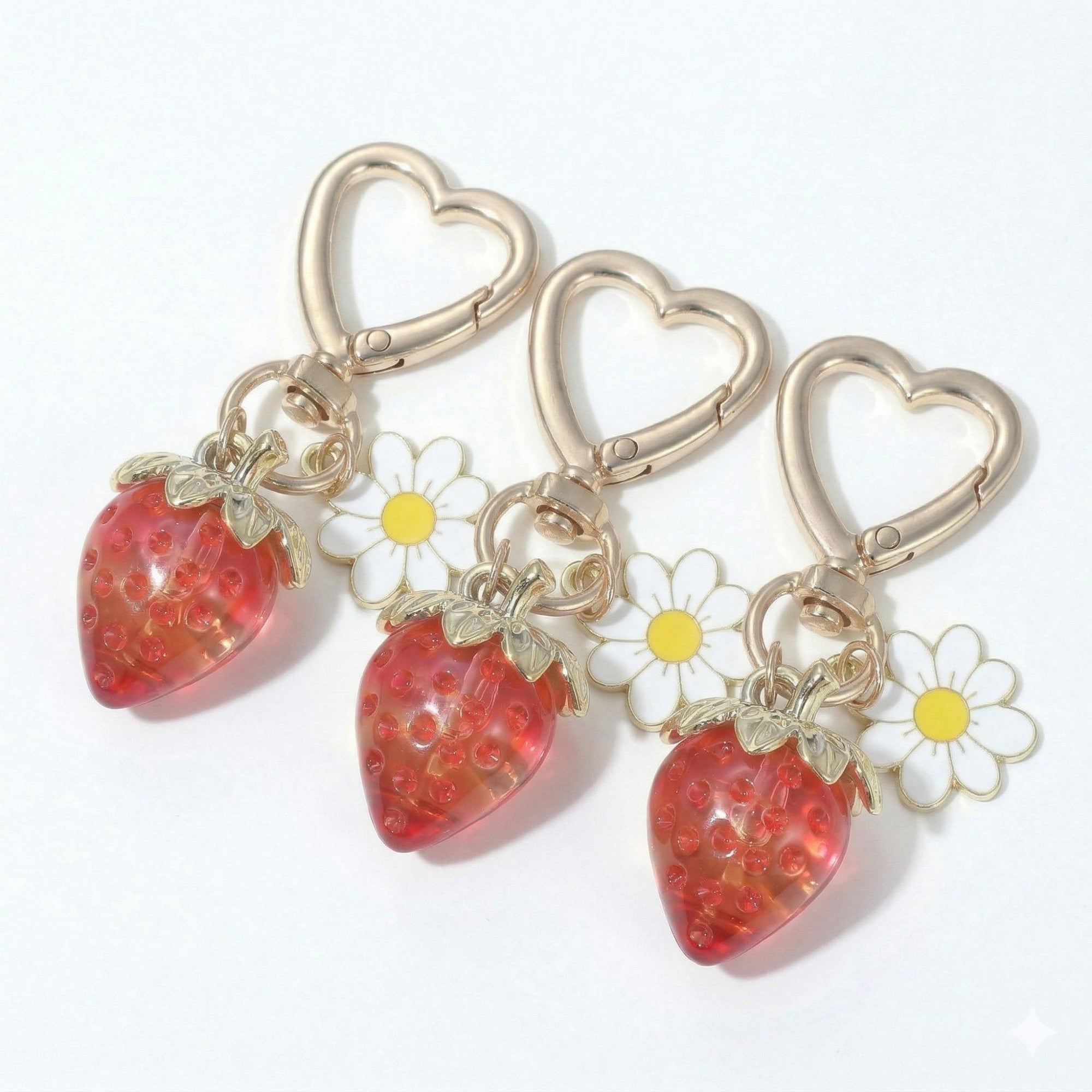 Anna-Kaci Women's 3 Pcs Strawberry Charm Keychain Set with Daisy Pendant and Heart Clip Decorative Bag Charm