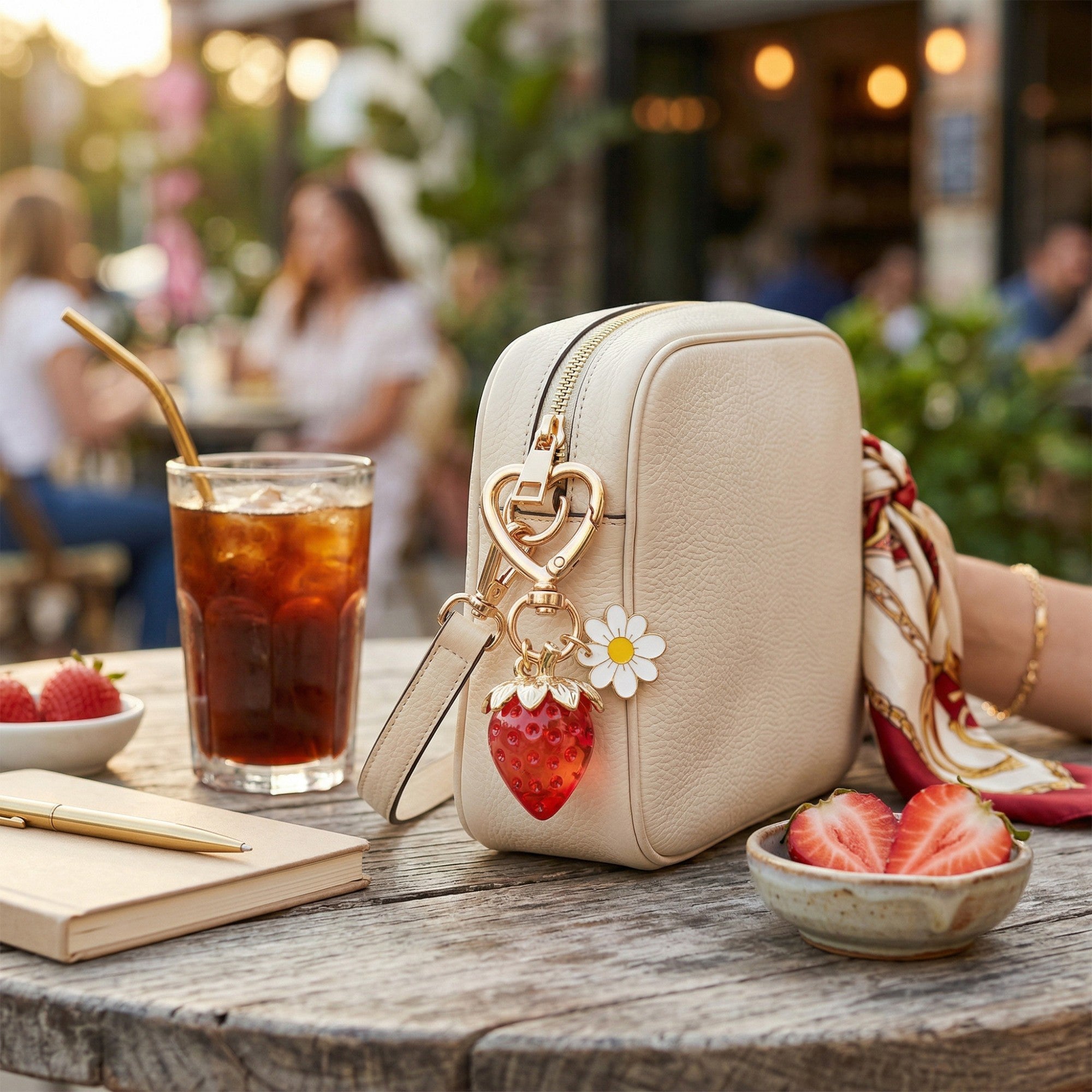 Anna-Kaci Women's 3 Pcs Strawberry Charm Keychain Set with Daisy Pendant and Heart Clip Decorative Bag Charm