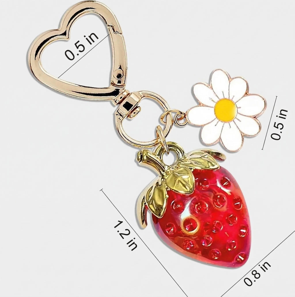 Anna-Kaci Women's 3 Pcs Strawberry Charm Keychain Set with Daisy Pendant and Heart Clip Decorative Bag Charm