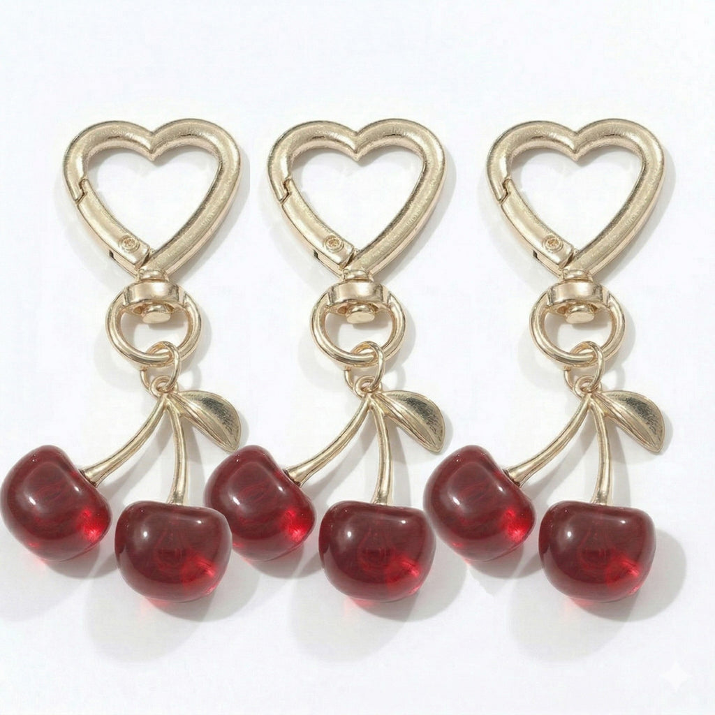 Anna-Kaci Women's 3 Pcs Cherry Charm Keychain Set with Heart Clip Decorative Bag Charm Accessory