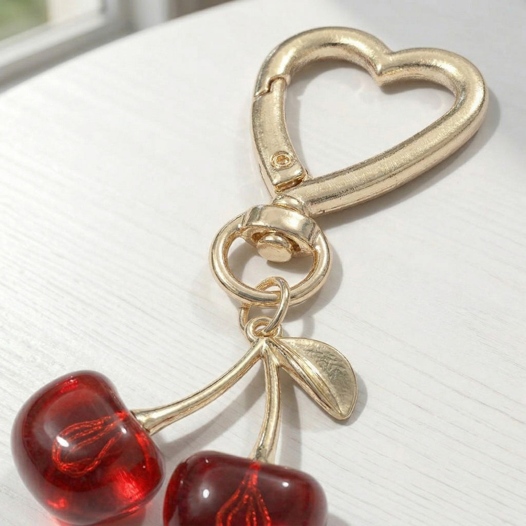 Anna-Kaci Women's 3 Pcs Cherry Charm Keychain Set with Heart Clip Decorative Bag Charm Accessory