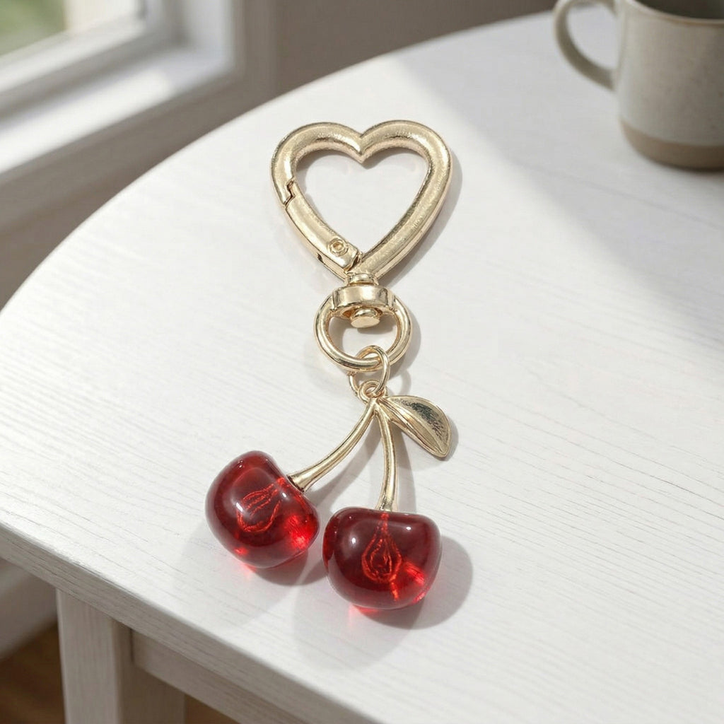 Anna-Kaci Women's 3 Pcs Cherry Charm Keychain Set with Heart Clip Decorative Bag Charm Accessory