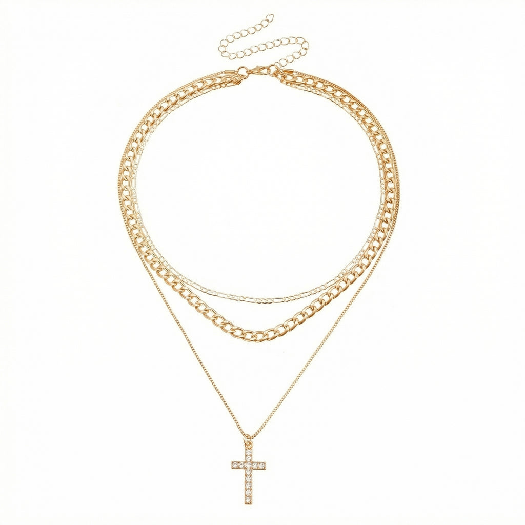 Anna-Kaci Layered Alloy Chain Necklace with Cross Pendant Adjustable Length Multi Strand Choker Style Jewelry