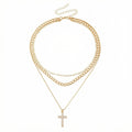 Anna-Kaci Layered Alloy Chain Necklace with Cross Pendant Adjustable Length Multi Strand Choker Style Jewelry