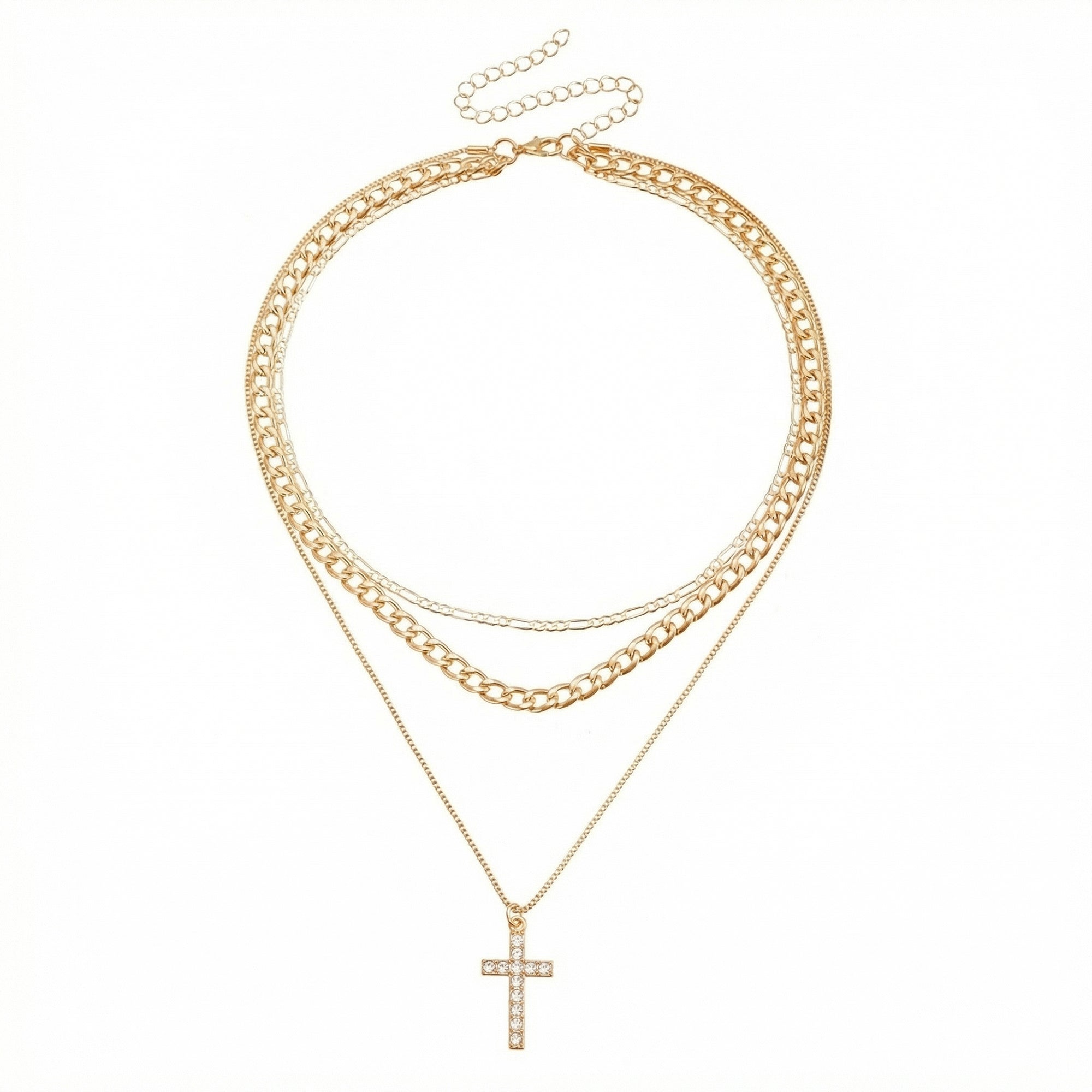 Anna-Kaci Layered Alloy Chain Necklace with Cross Pendant Adjustable Length Multi Strand Choker Style Jewelry