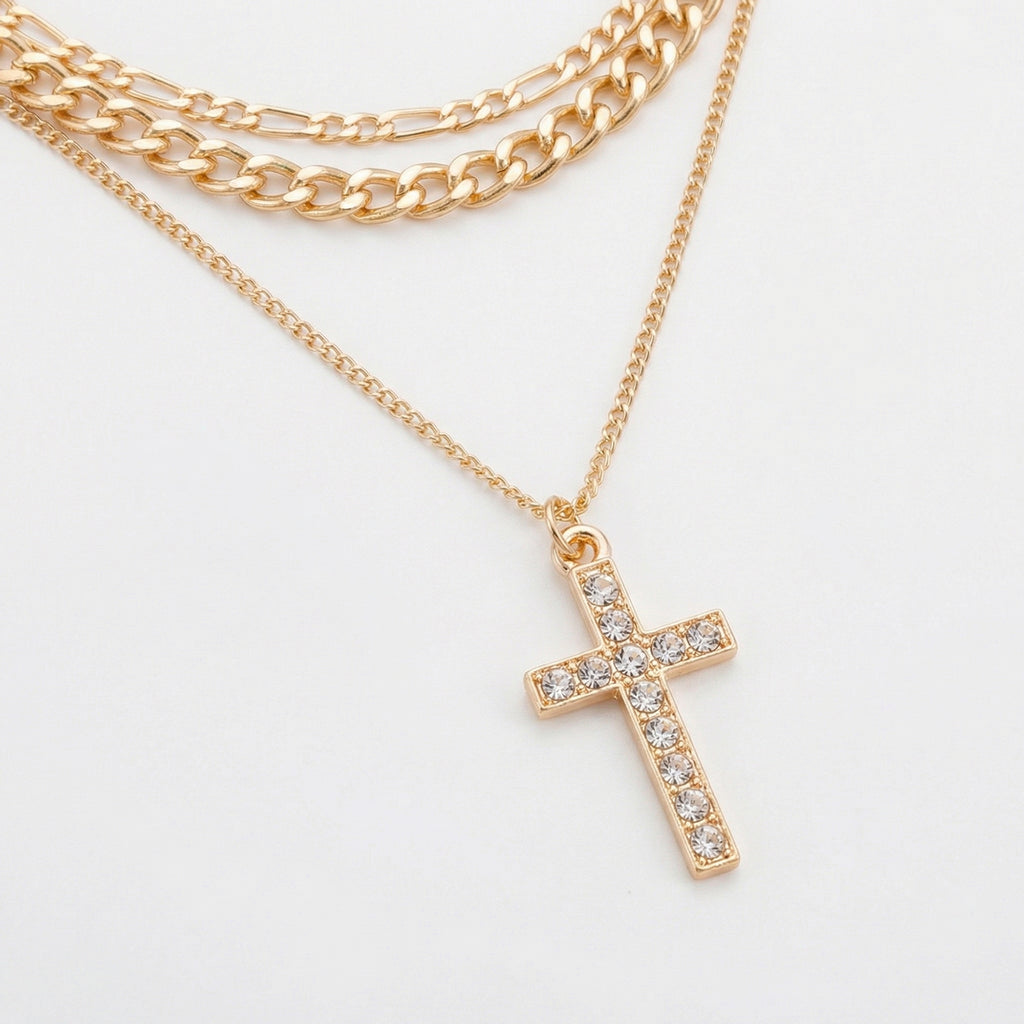 Anna-Kaci Layered Alloy Chain Necklace with Cross Pendant Adjustable Length Multi Strand Choker Style Jewelry