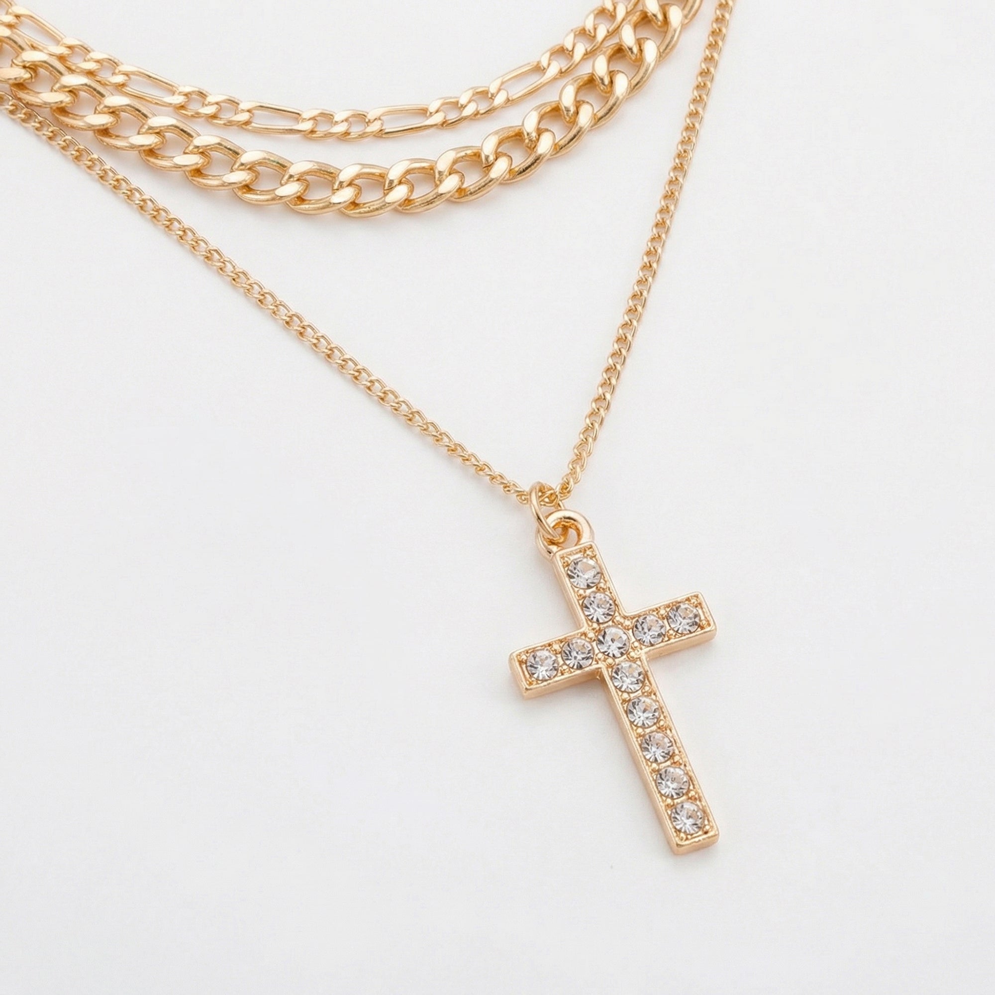 Anna-Kaci Layered Alloy Chain Necklace with Cross Pendant Adjustable Length Multi Strand Choker Style Jewelry