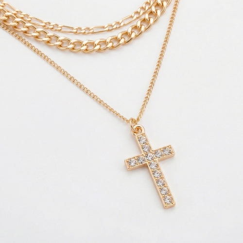 Anna-Kaci Layered Alloy Chain Necklace with Cross Pendant Adjustable Length Multi Strand Choker Style Jewelry
