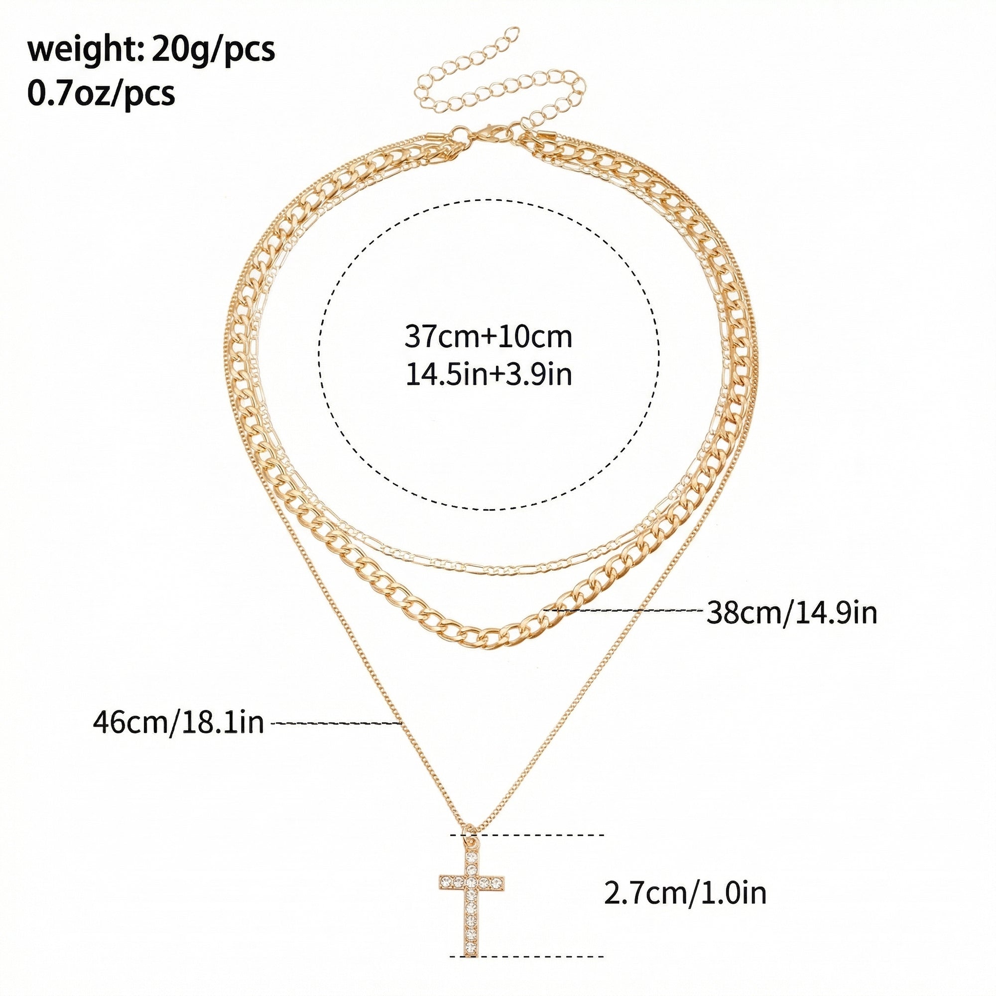 Anna-Kaci Layered Alloy Chain Necklace with Cross Pendant Adjustable Length Multi Strand Choker Style Jewelry