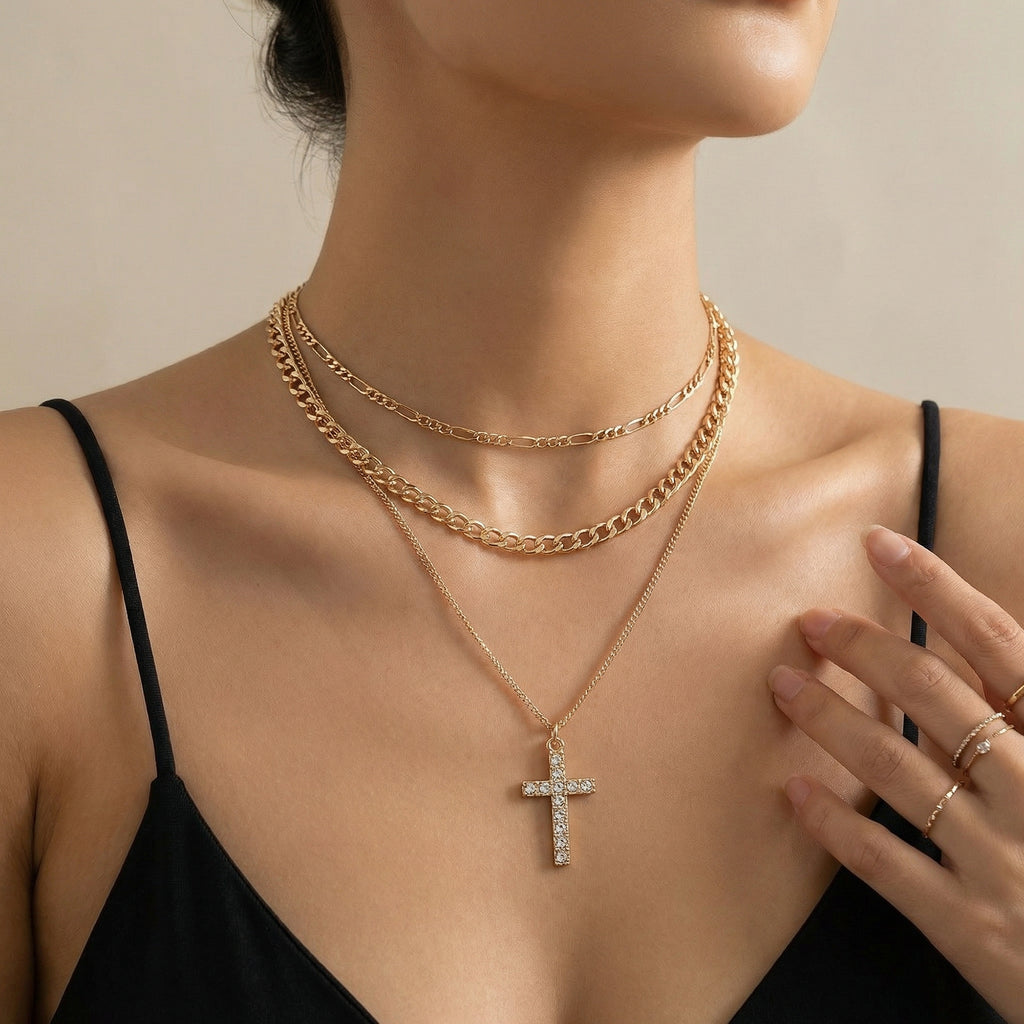 Anna-Kaci Layered Alloy Chain Necklace with Cross Pendant Adjustable Length Multi Strand Choker Style Jewelry
