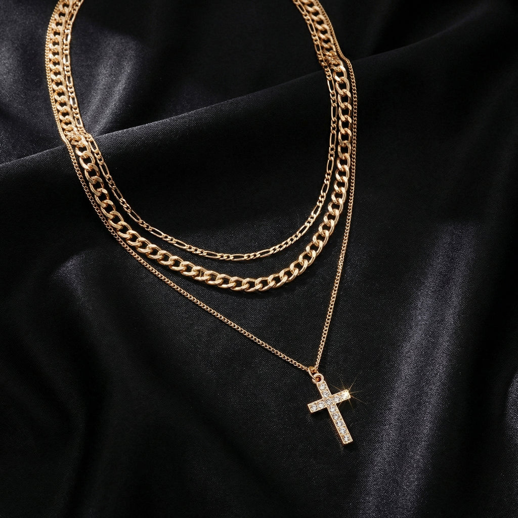 Anna-Kaci Layered Alloy Chain Necklace with Cross Pendant Adjustable Length Multi Strand Choker Style Jewelry