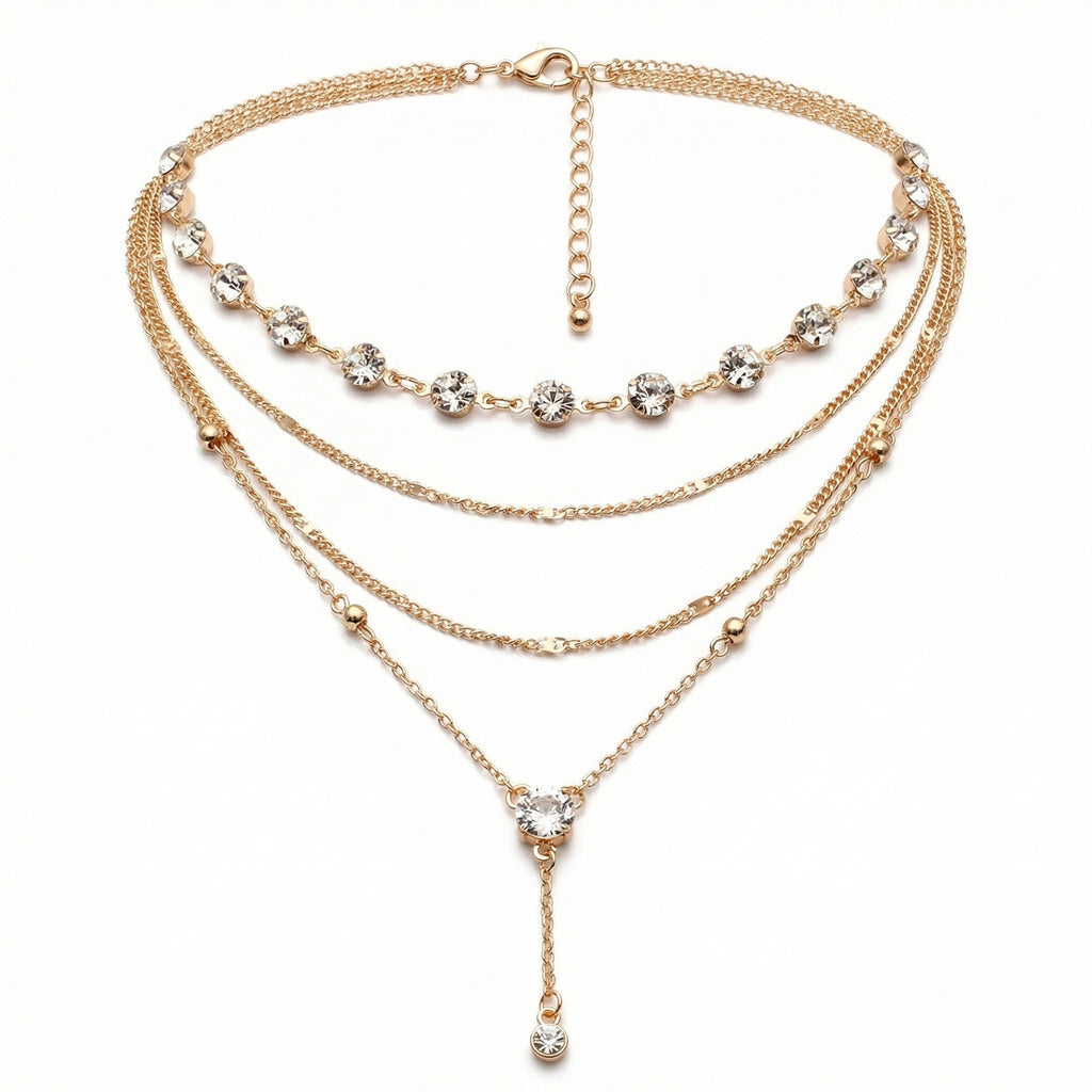 Anna-Kaci Layered Chain Necklace with Crystal Accents Adjustable Multi Strand Drop Pendant Fashion Jewelry