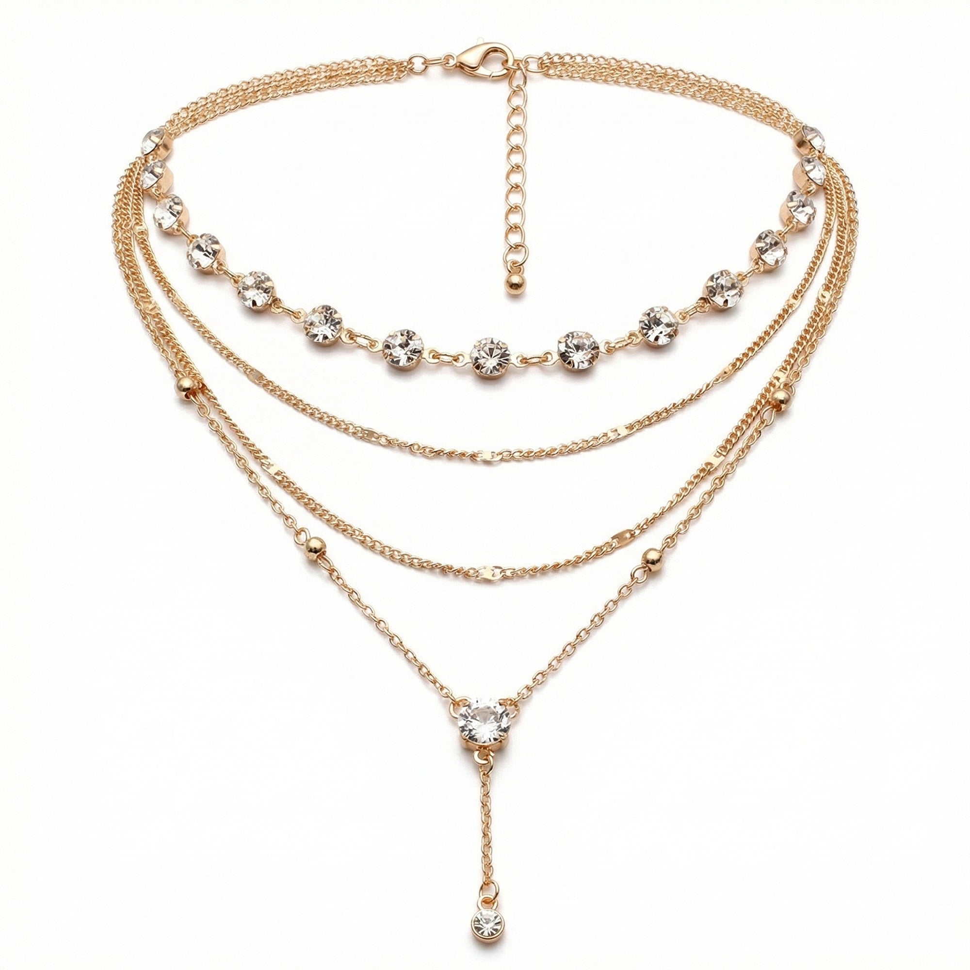 Anna-Kaci Layered Chain Necklace with Crystal Accents Adjustable Multi Strand Drop Pendant Fashion Jewelry