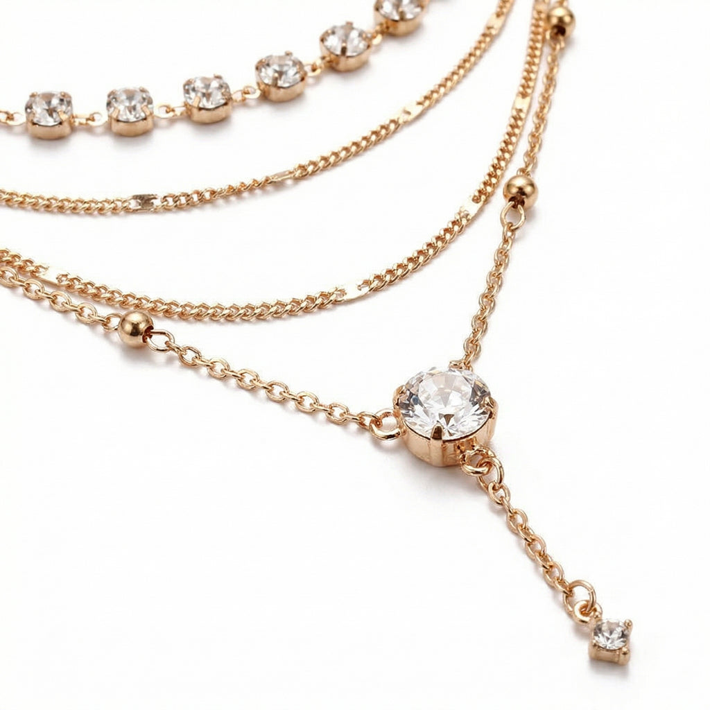 Anna-Kaci Layered Chain Necklace with Crystal Accents Adjustable Multi Strand Drop Pendant Fashion Jewelry