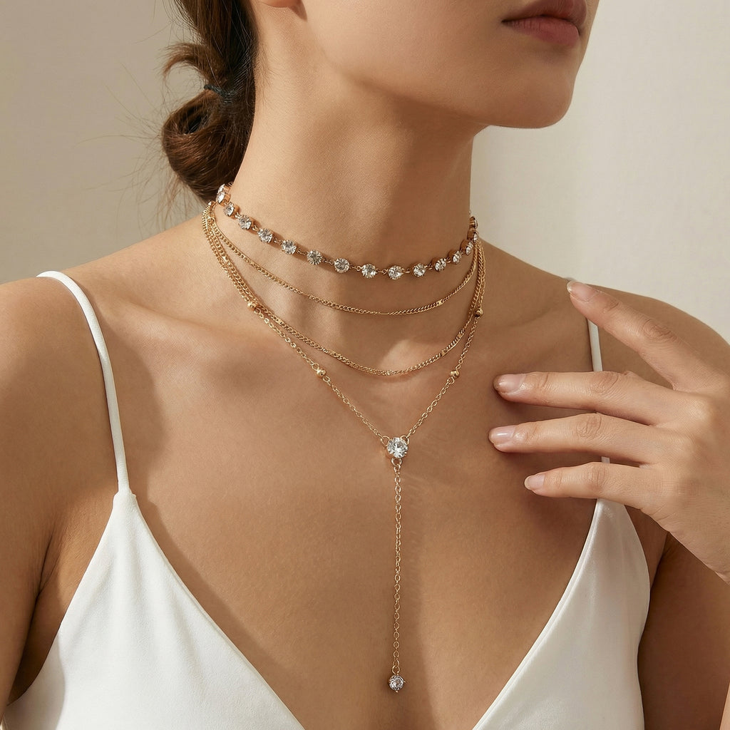 Anna-Kaci Layered Chain Necklace with Crystal Accents Adjustable Multi Strand Drop Pendant Fashion Jewelry