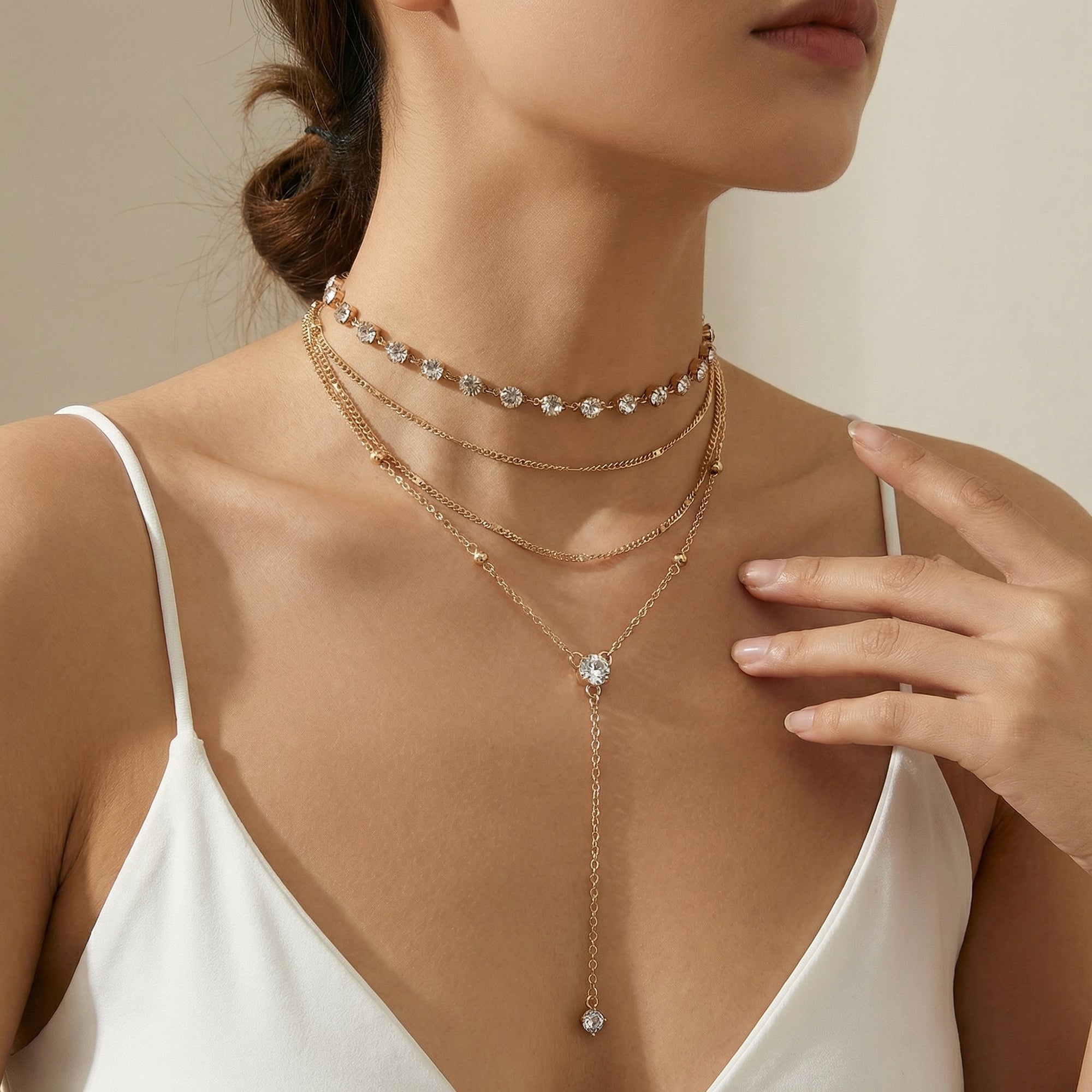 Anna-Kaci Layered Chain Necklace with Crystal Accents Adjustable Multi Strand Drop Pendant Fashion Jewelry