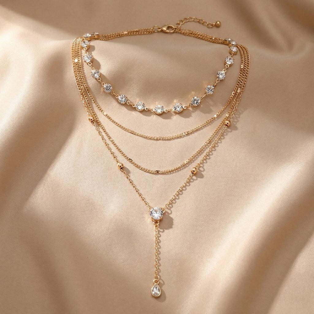 Anna-Kaci Layered Chain Necklace with Crystal Accents Adjustable Multi Strand Drop Pendant Fashion Jewelry