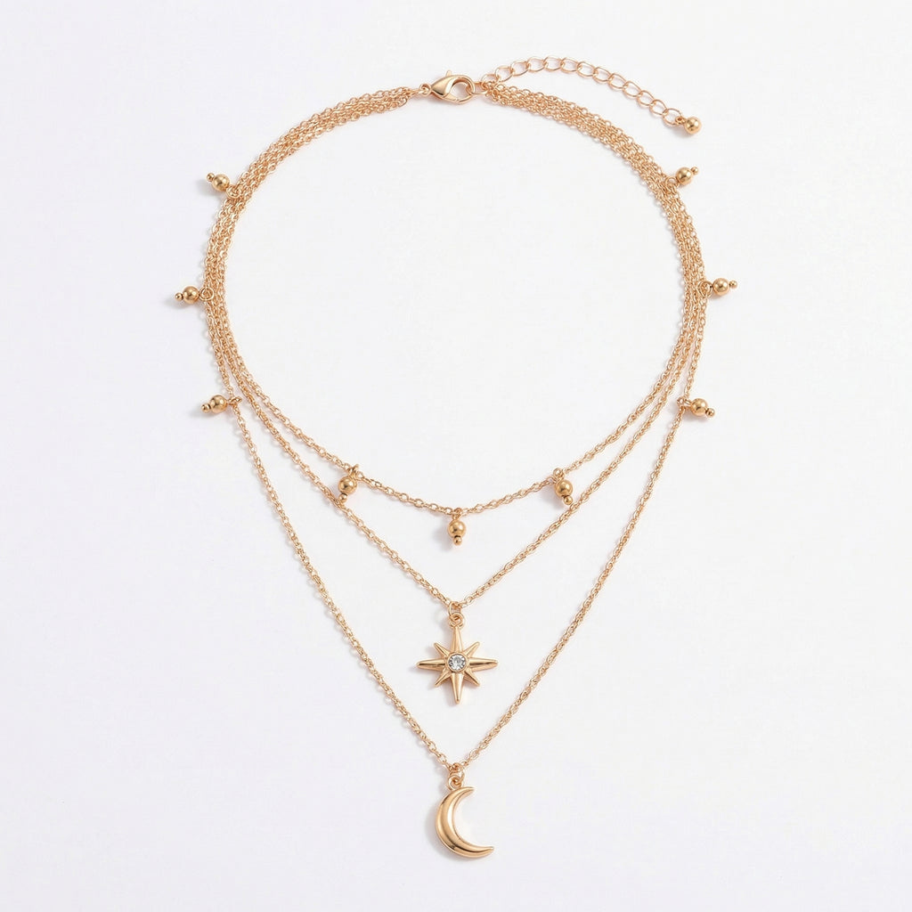 Anna-Kaci Layered Necklace with Star and Moon Pendant Crystal Accent Multi Strand Adjustable Chain Jewelry