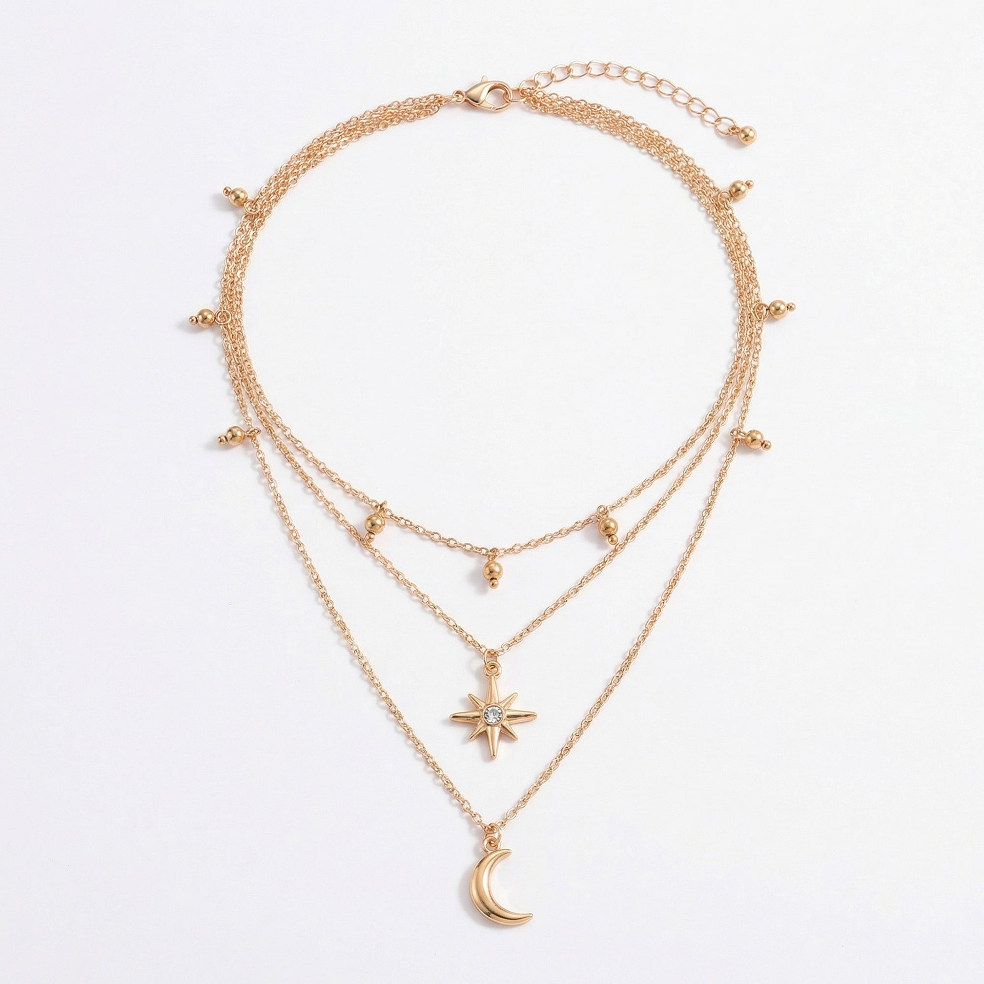 Anna-Kaci Layered Necklace with Star and Moon Pendant Crystal Accent Multi Strand Adjustable Chain Jewelry