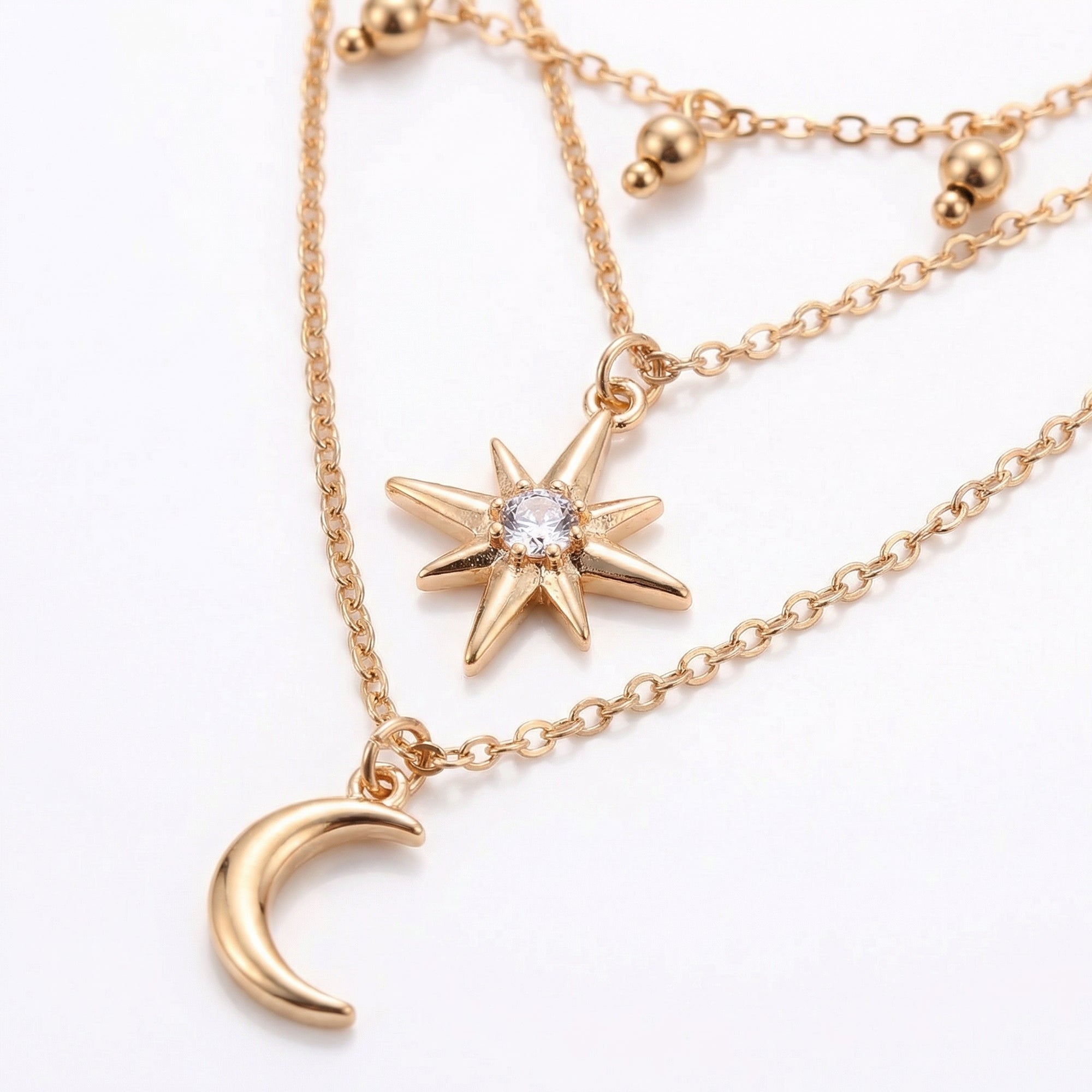 Anna-Kaci Layered Necklace with Star and Moon Pendant Crystal Accent Multi Strand Adjustable Chain Jewelry